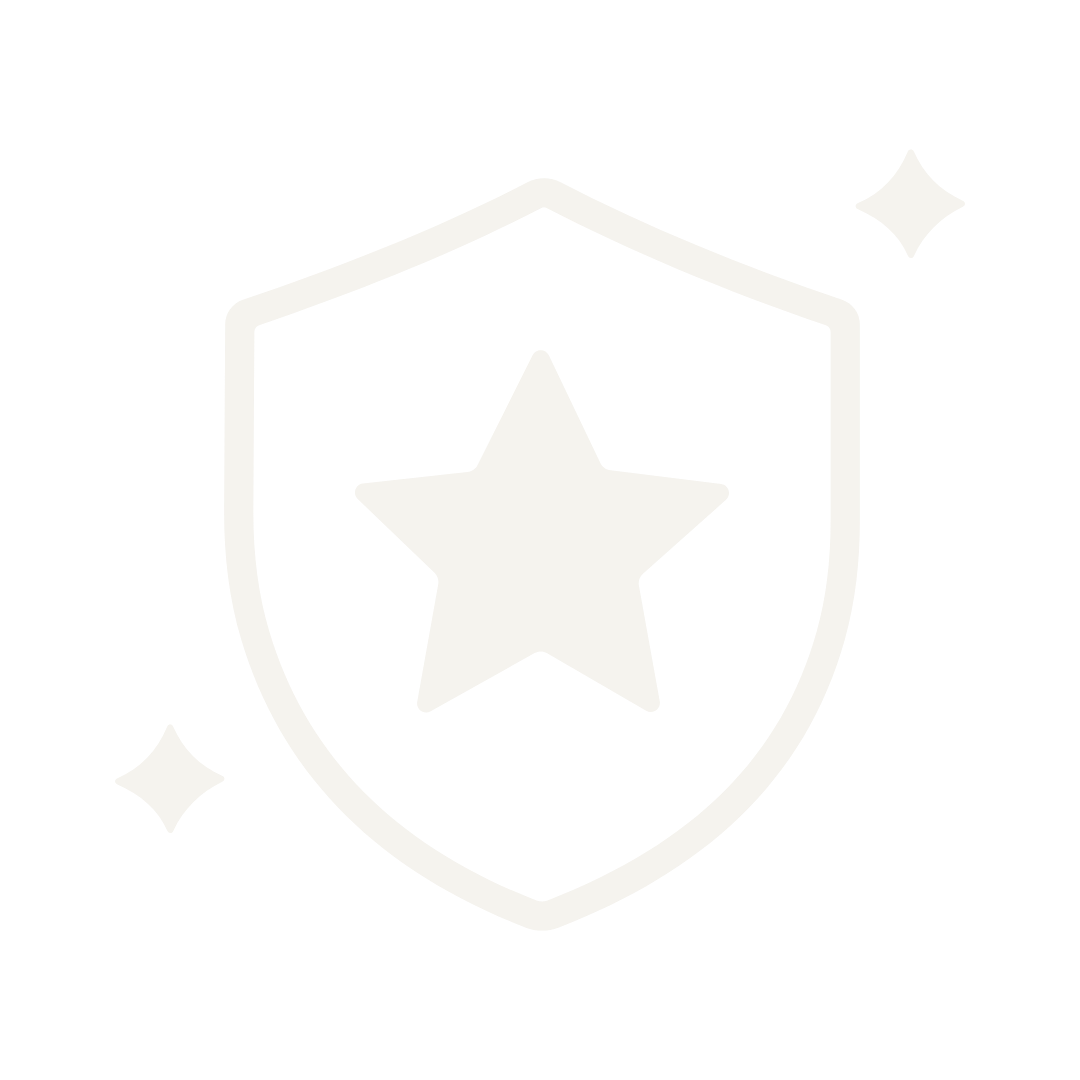 Gray shield with a star in the center and two small sparkles around it on a black background.