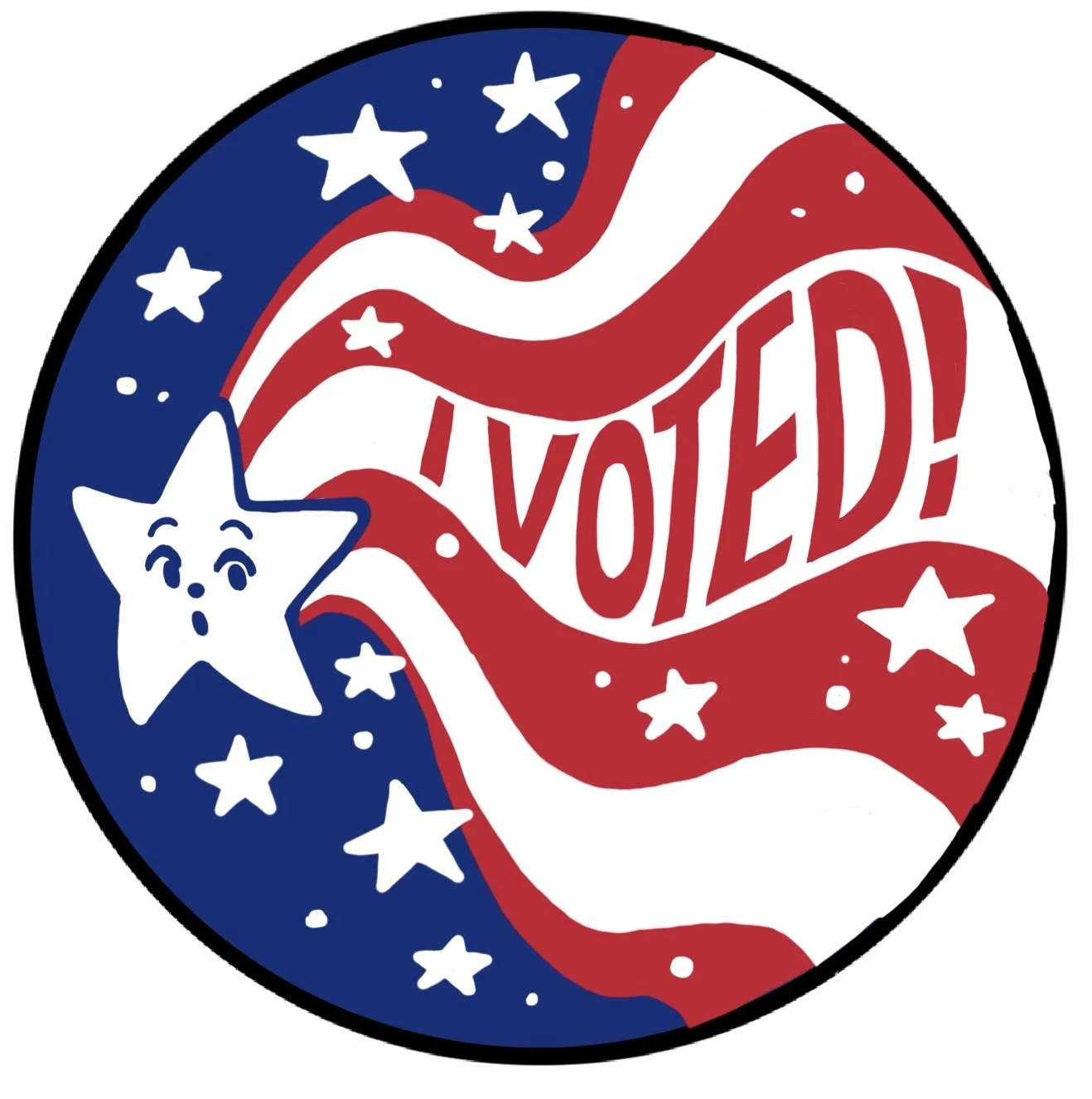 "I Voted" sticker designed for & distributed in San Mateo County for the 2024 Presidential Election.