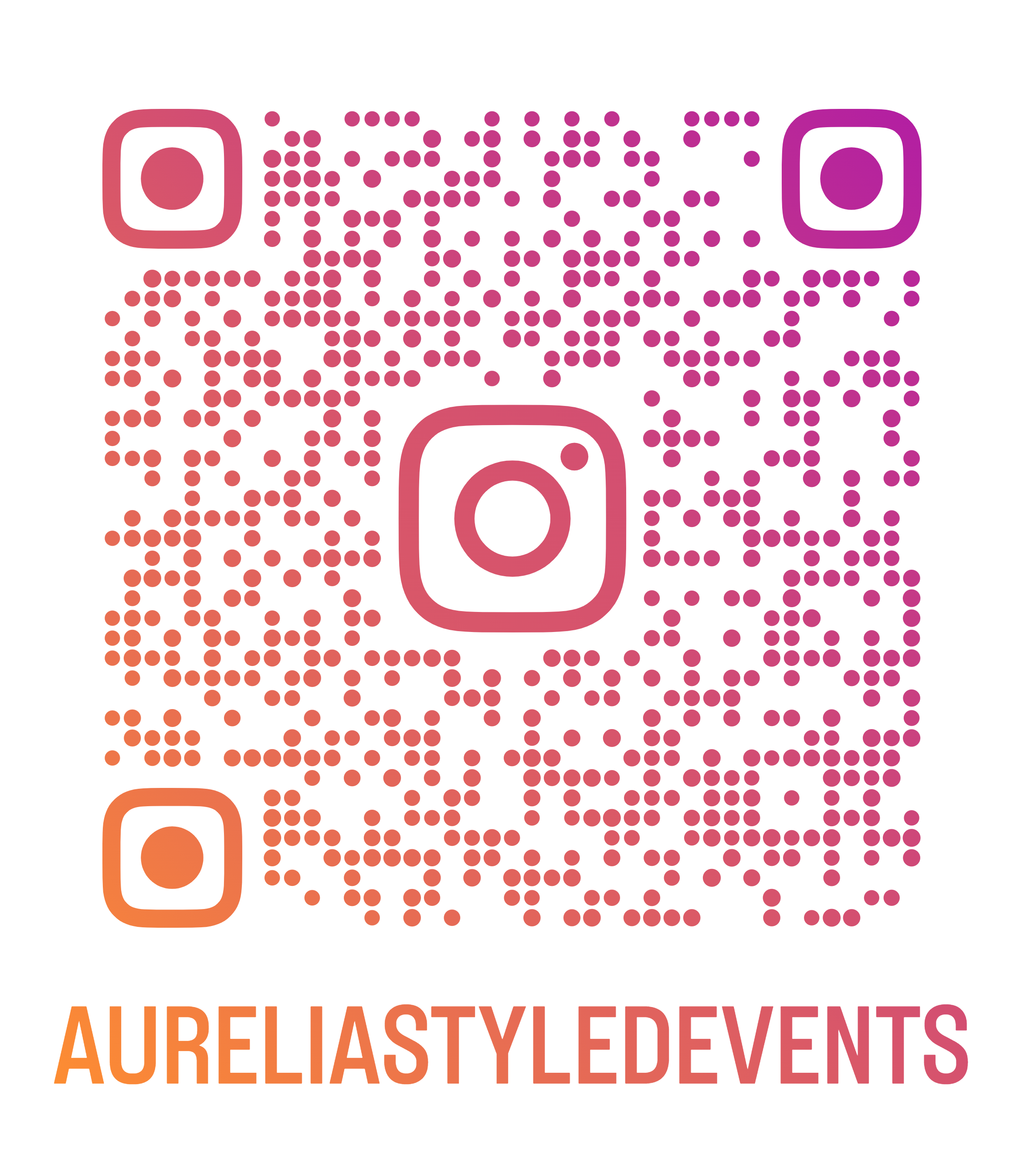Stylized QR code with Instagram logo in both corners and the text "AURELIASTYLEDEVENTS" in gradient orange to pink below.