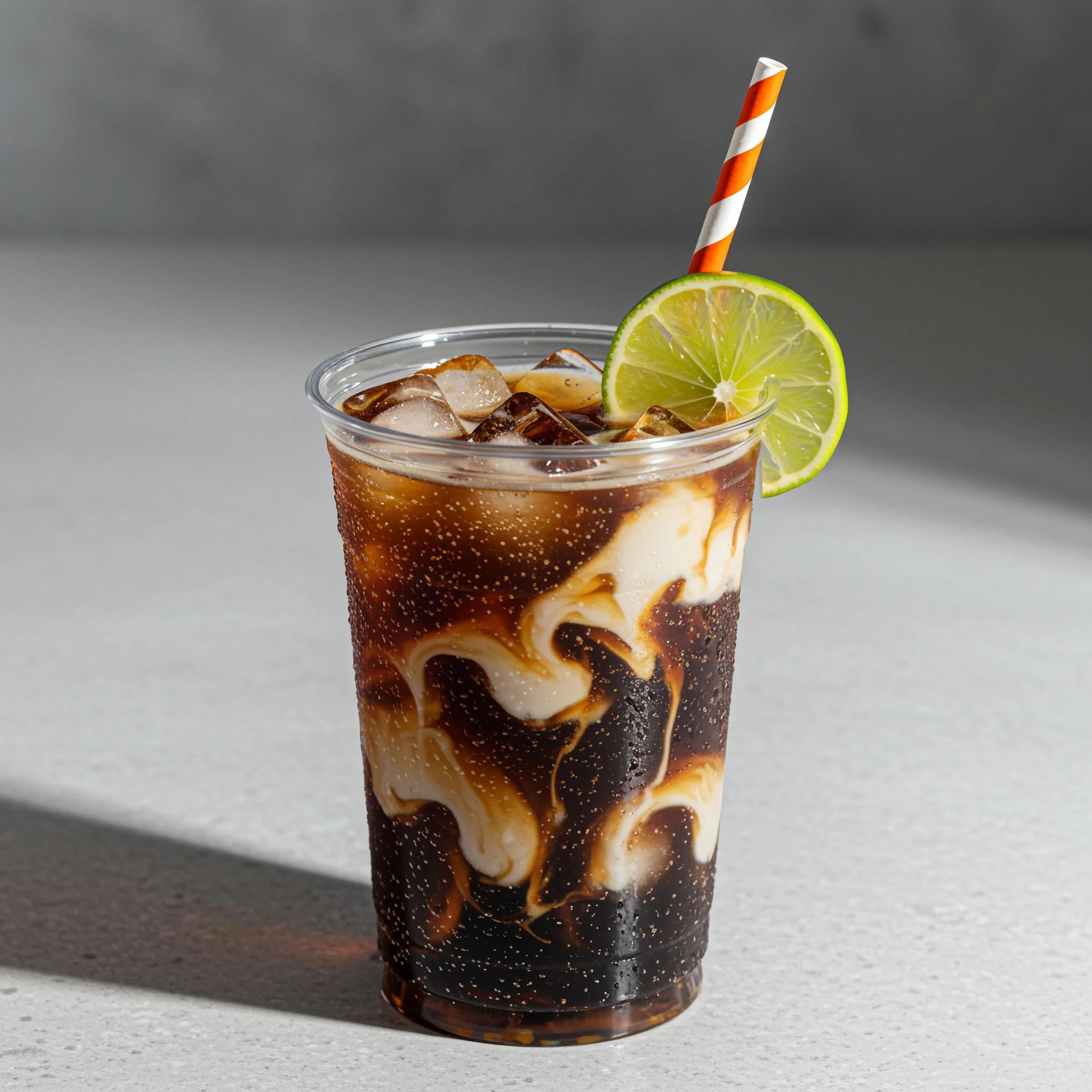 Dirty soda with cream swirled in and a lime garnish, served at Front Porch Social's mobile Dirty Soda Bar for custom catering events in Northern Colorado