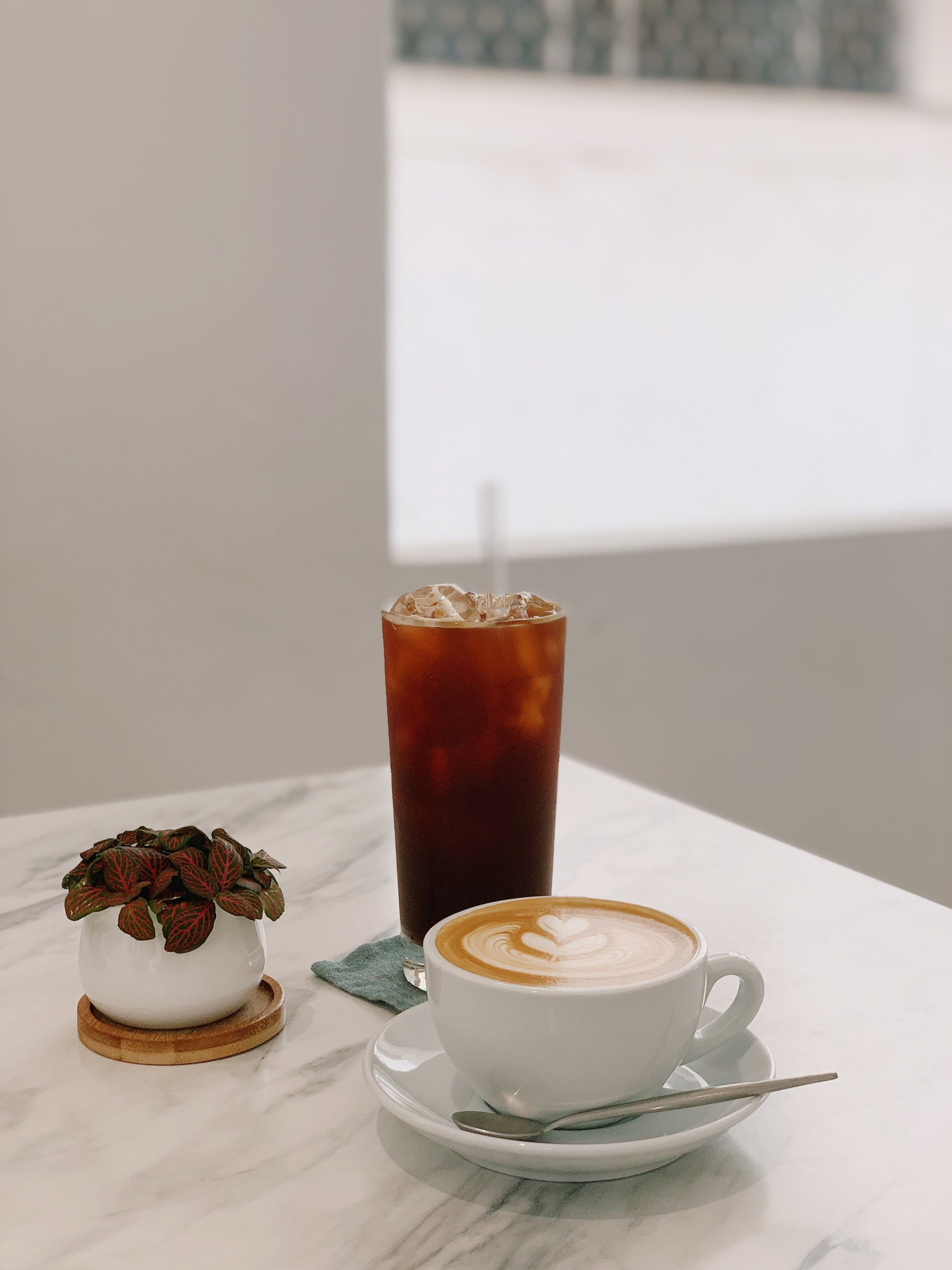 Iced coffee and a latte with heart-shaped foam art on a marble table with a small potted plant