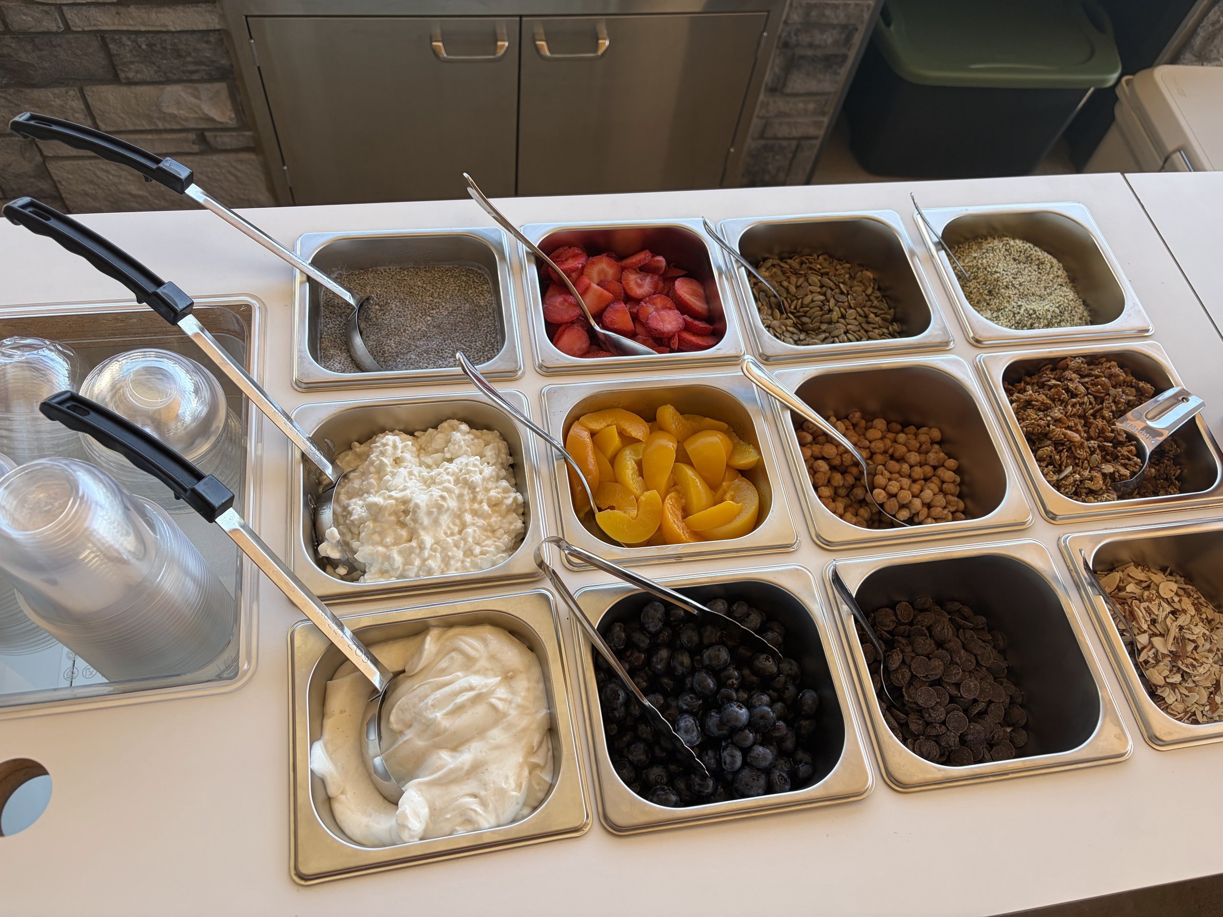 Protein Power Bar toppings in stainless wells: strawberries, peaches, blueberries, granola, nuts and yogurt