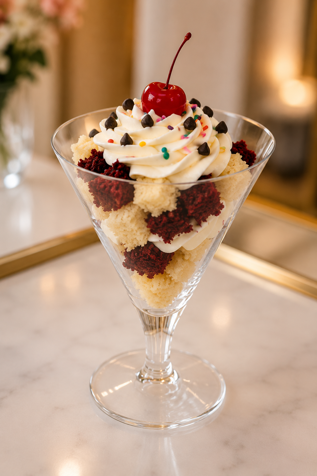 Layers of red velvet and vanilla cake in a stemmed glass, topped with whipped frosting, chocolate chips, sprinkles and a cherry