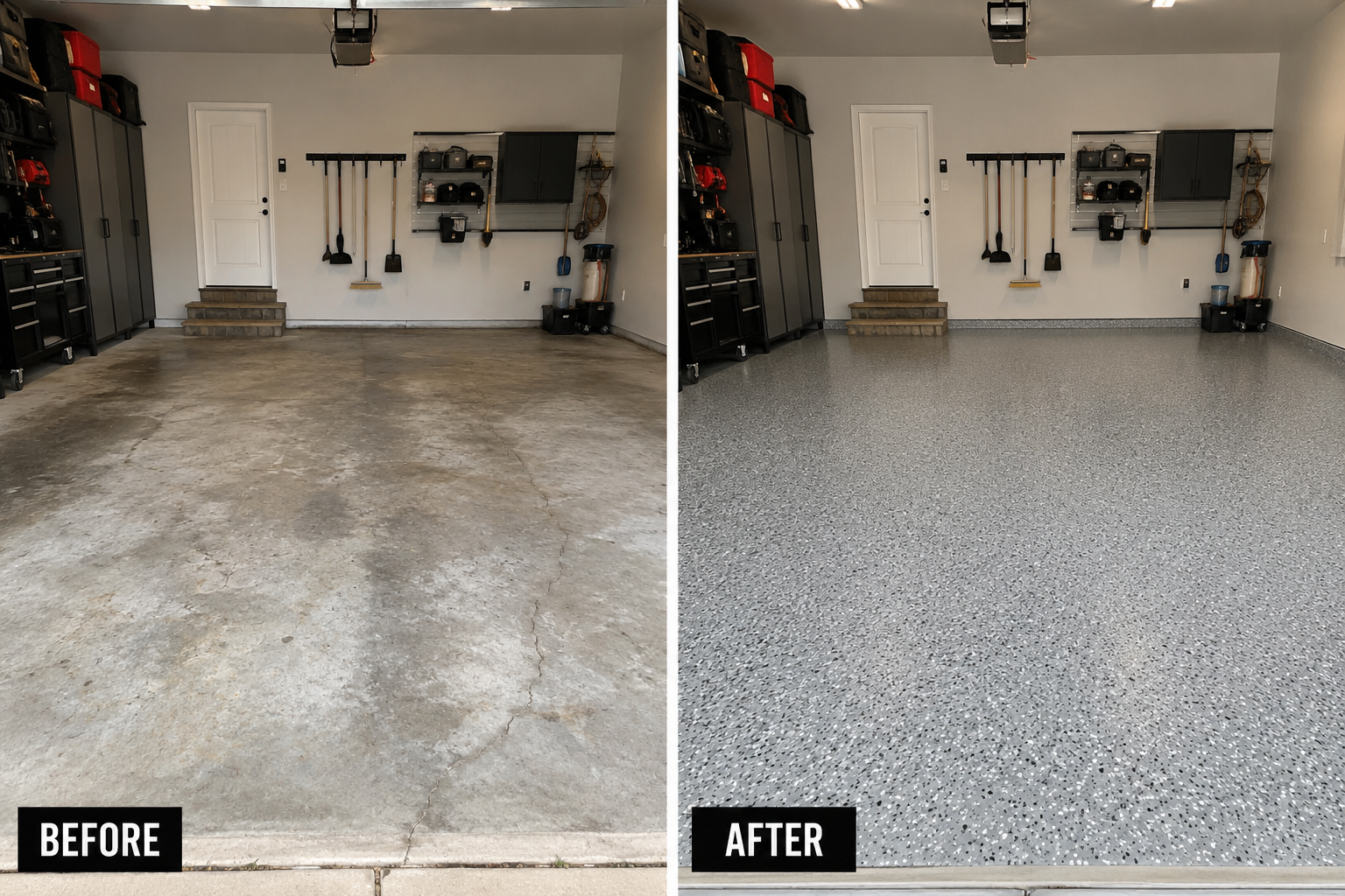 A garage showing a before and after renovation. The 'before' side features a stained, cracked concrete floor, while the 'after' side displays a clean, polished, and speckled epoxy floor surface.