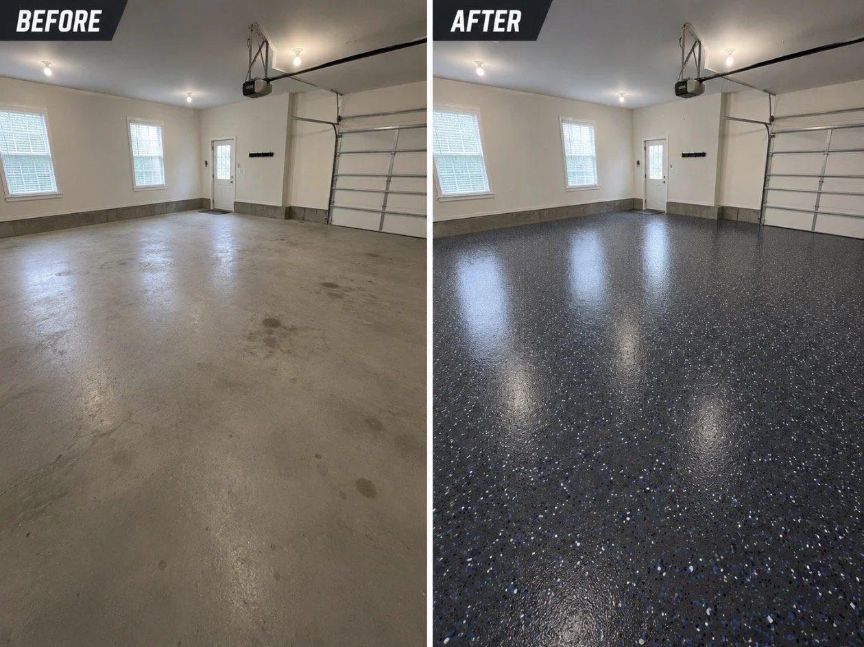 Side-by-side comparison of a garage before and after flooring renovation. The left shows an unfinished concrete floor, while the right features a dark, speckled epoxy-coated floor.