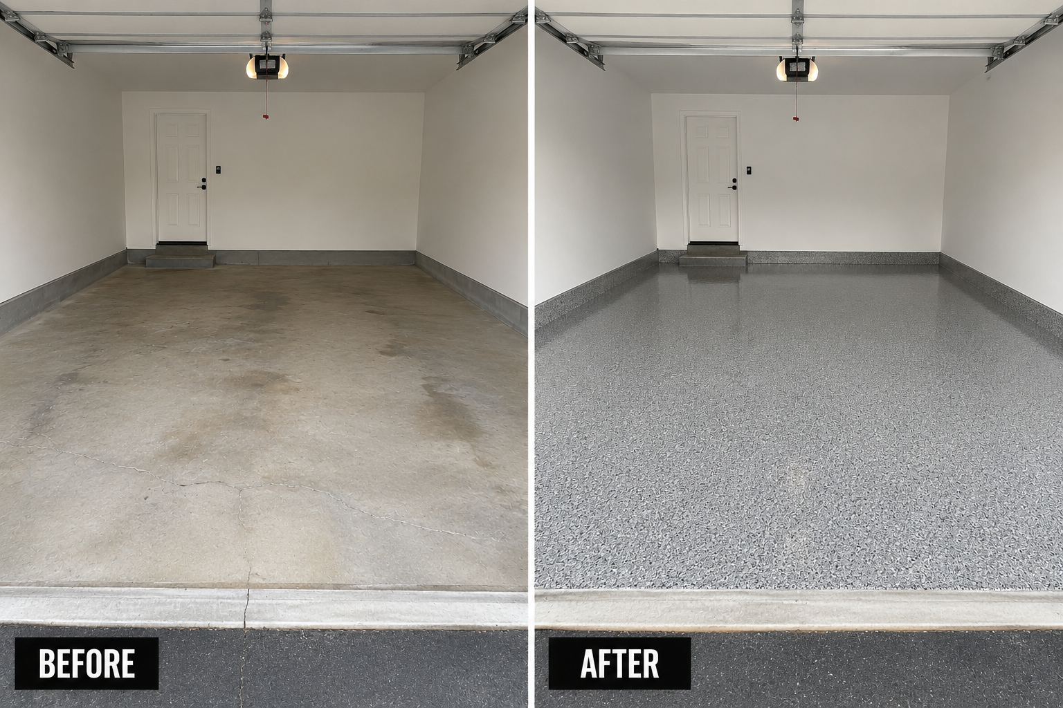 Side-by-side comparison of a garage before and after transformation. The left shows a garage with a cracked, stained concrete floor, while the right displays a clean, polished, gray textured epoxy-coated floor. The garage walls are white, with a clos