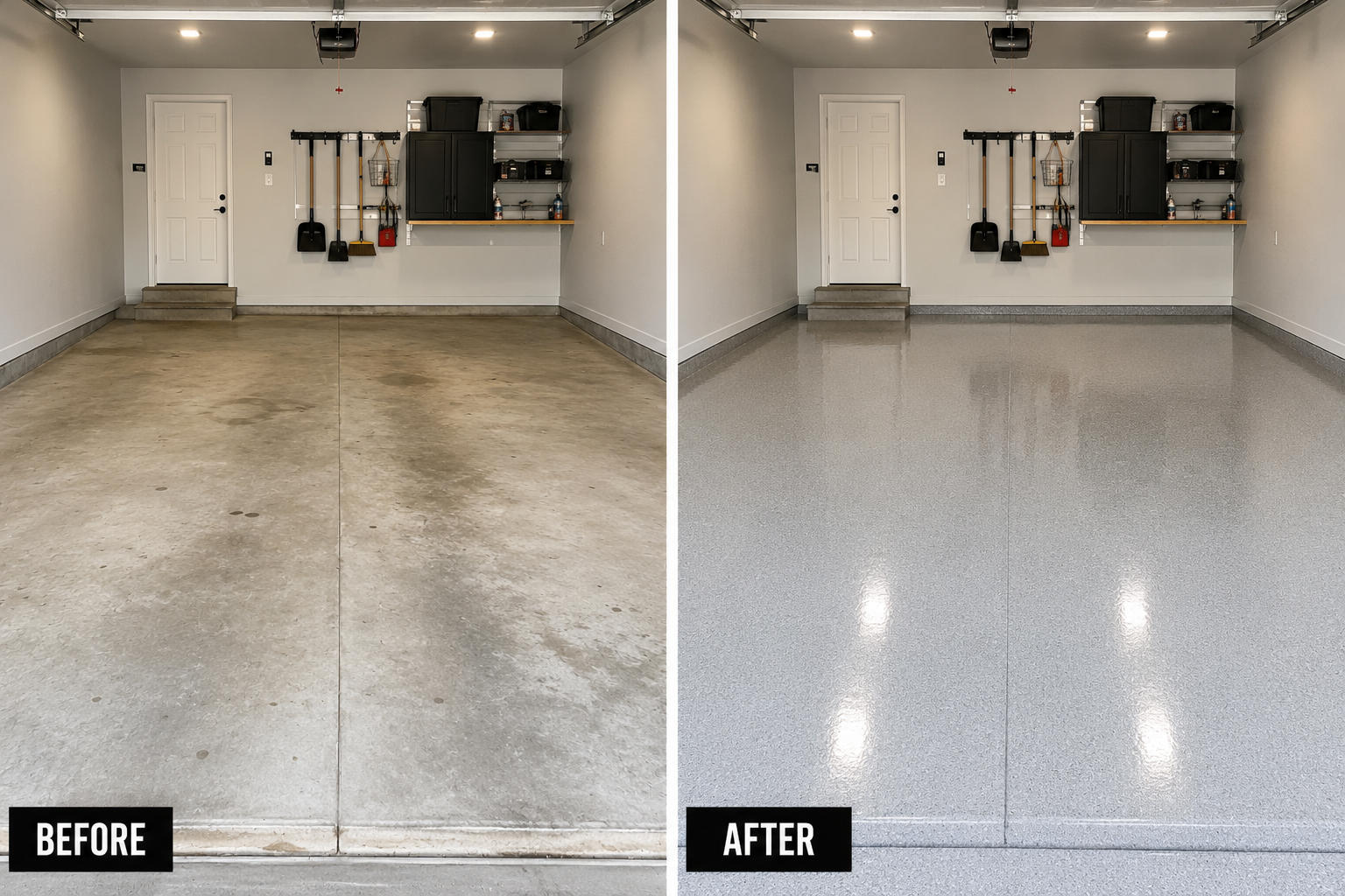 Comparison photo showing a garage before and after flooring renovation. The left side labeled 'Before' has a stained, worn concrete floor, while the right side labeled 'After' has a polished, clean, gray epoxy-coated floor.