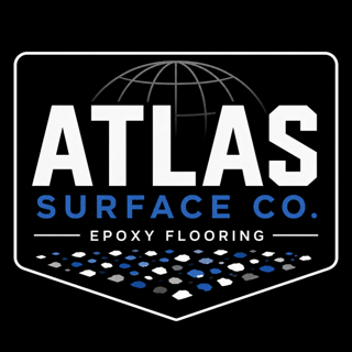 Logo for Atlas Surface Co., epoxy flooring, featuring a globe and a patterned floor design.