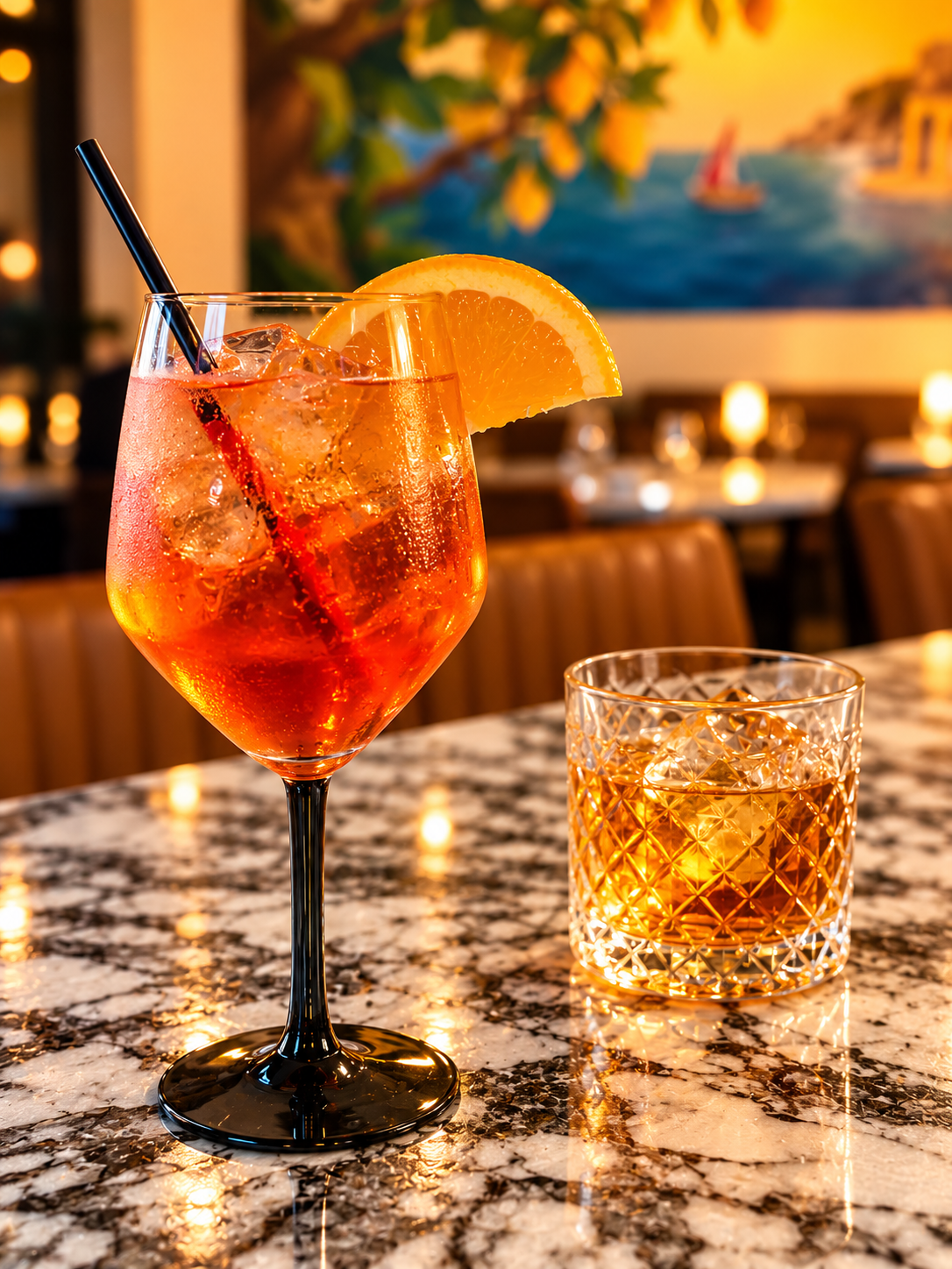 Orange-colored cocktail with ice, orange garnish, and black straw on a marble table at Costa Bella Italian restaurant in Scottsdale.