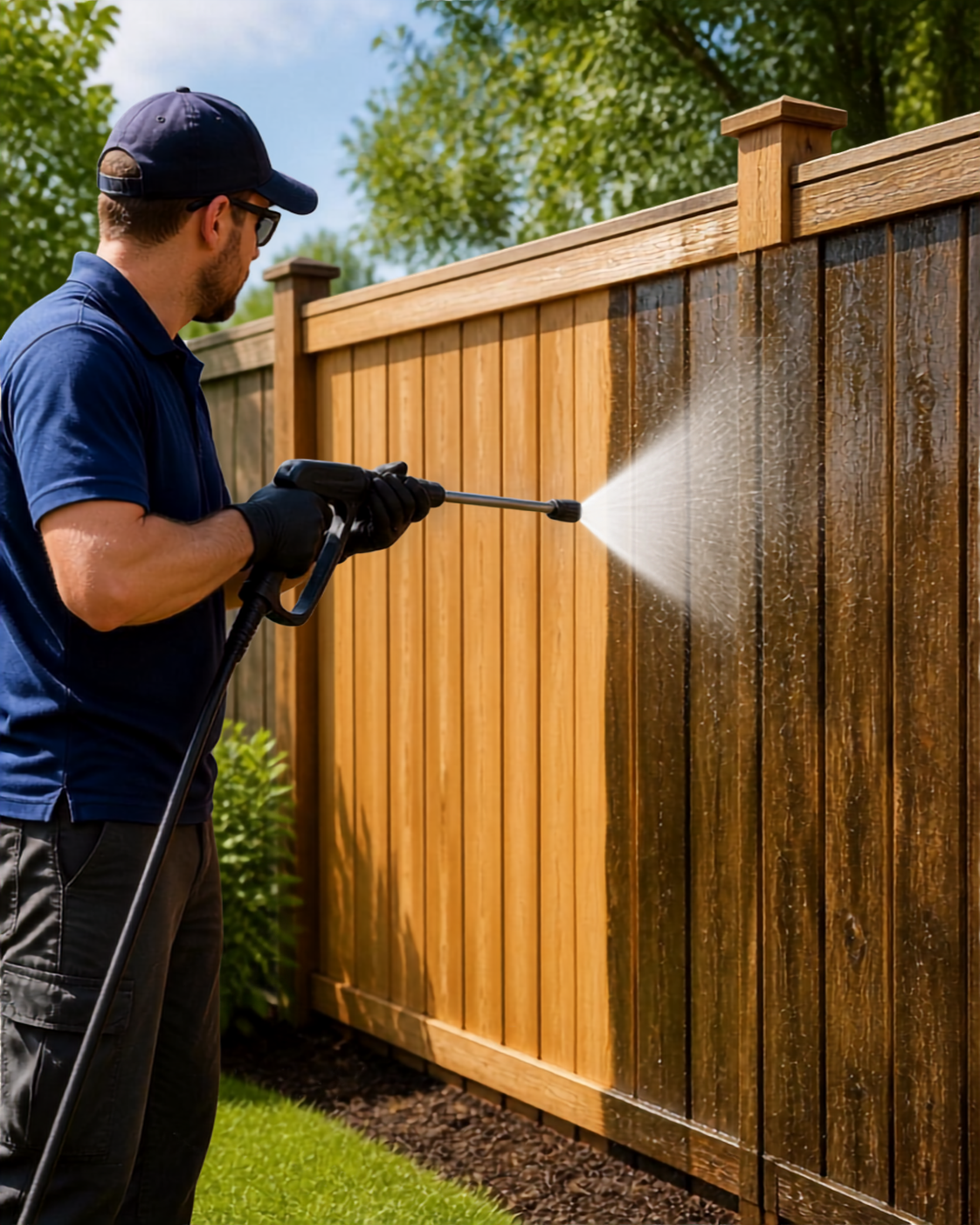A man wearing a dark blue shirt, black gloves, sunglasses, and a cap is using a pressure washer to clean a wooden fence outdoors on a sunny day with green trees in the background.