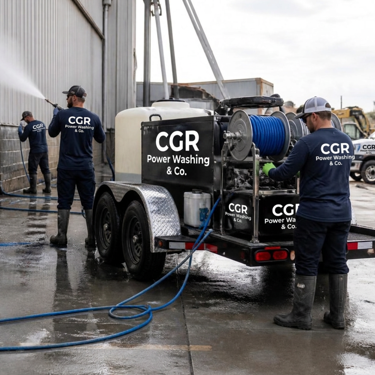 Three workers from CGR Power Washing & Co. using water hoses to wash a building exterior on a wet concrete surface, with equipment and vehicles in the background.