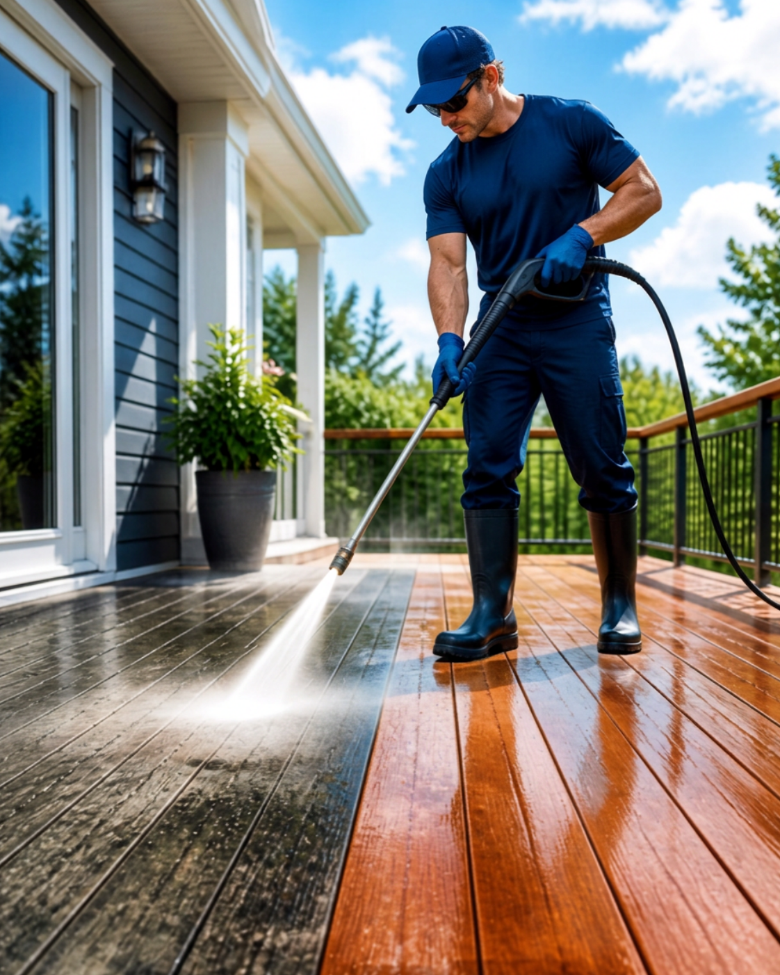 A man in blue clothing, wearing gloves, boots, sunglasses, and a cap, power washing a wooden deck outdoors on a sunny day.