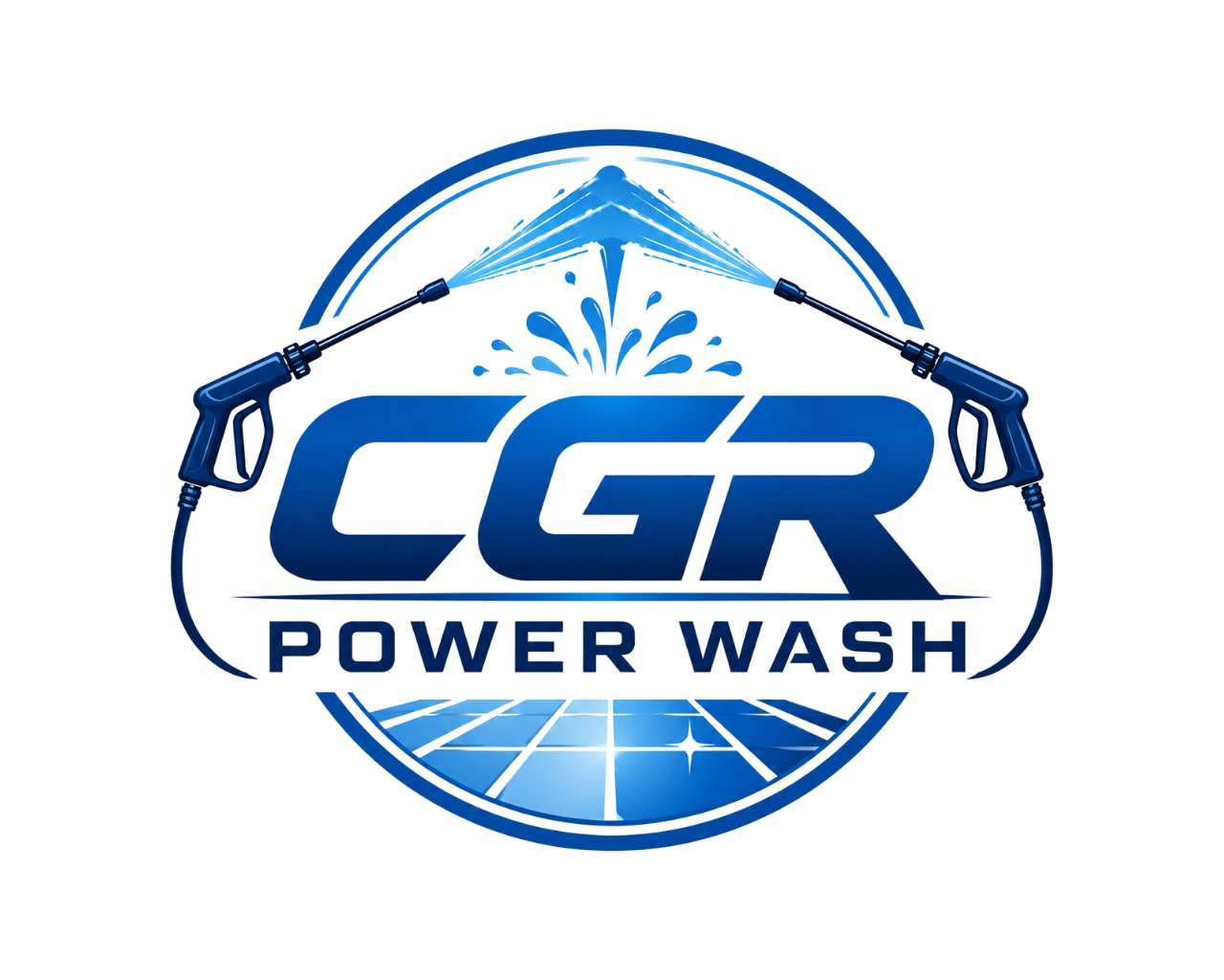 Logo for G R Power Wash featuring two blue pressure washers spraying water over the words 'G R Power Wash' with a circular design and water surface at the bottom.