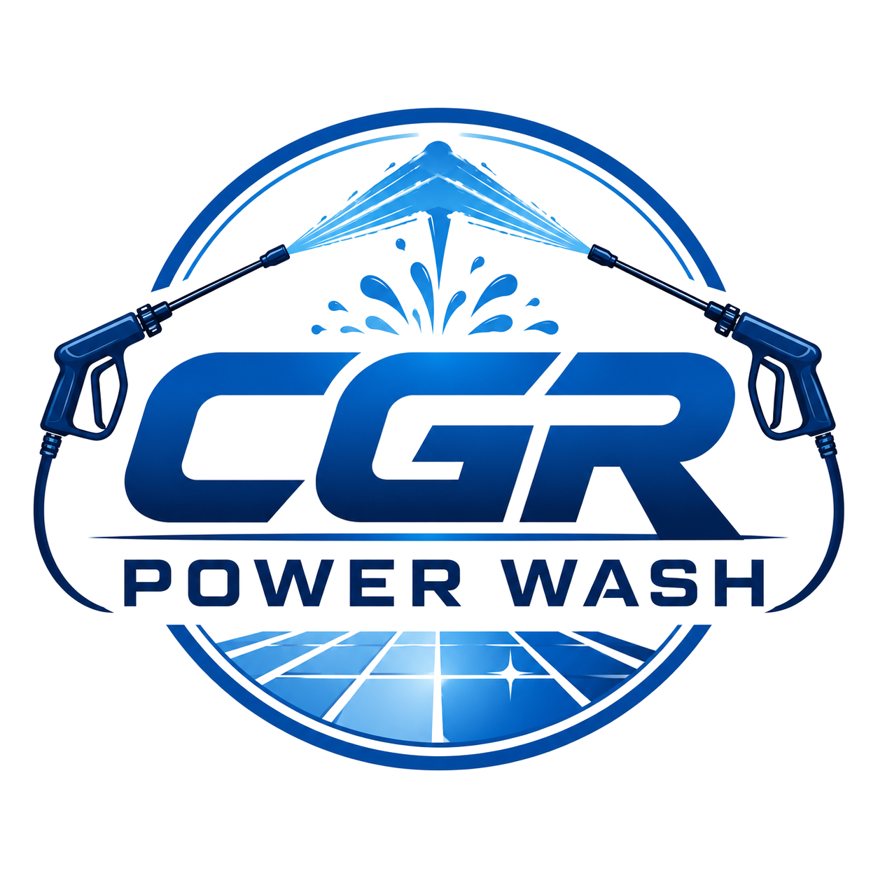 A logo for CGR Power Wash featuring two high-pressure water spray guns connected by a hose, spraying water over the text 'CGR Power Wash' with a stylized water spray and splash design.