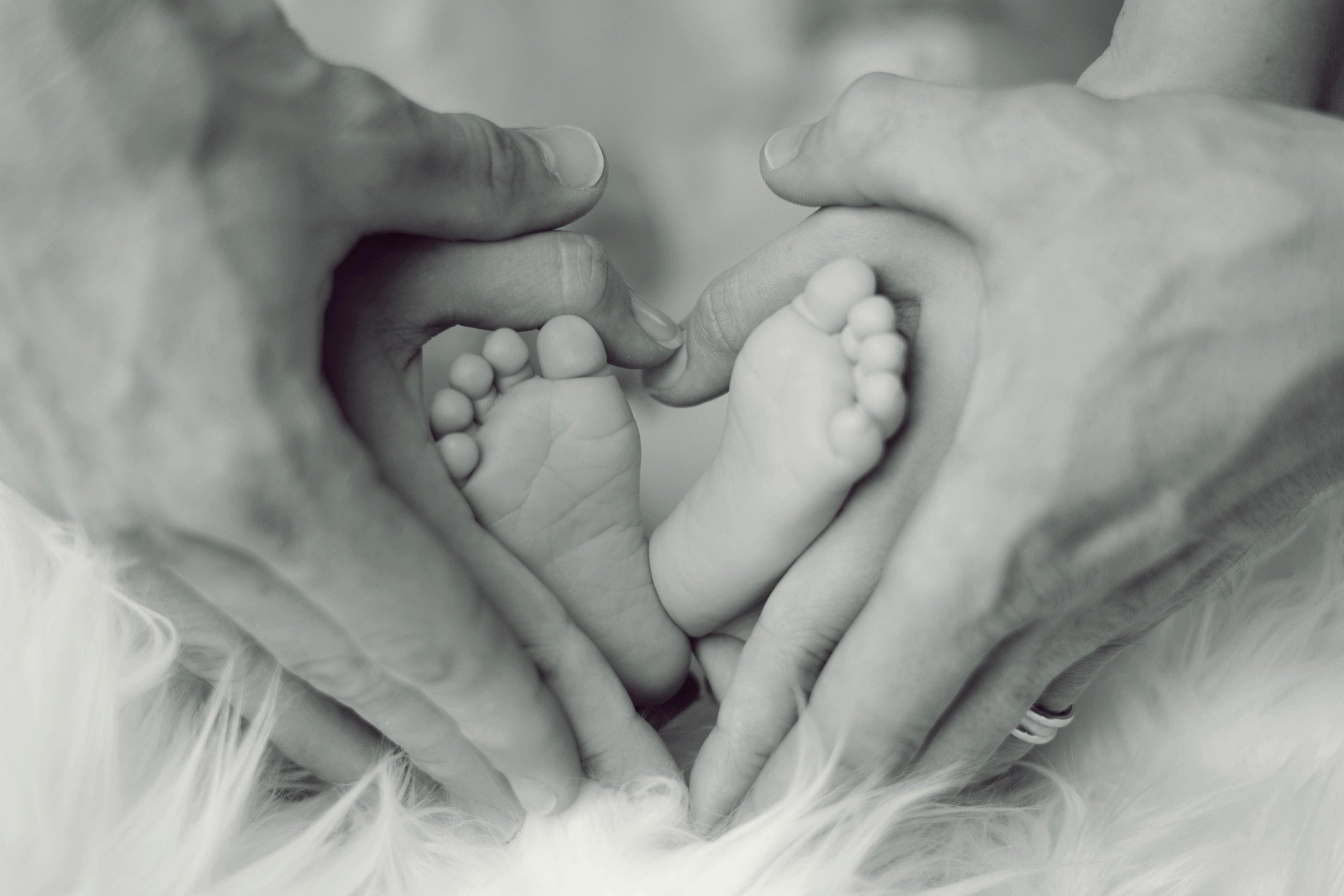 Black and white photo of a parent holding a baby's feet and hands, forming a heart shape with their hands, surrounded by fluffy white fabric.