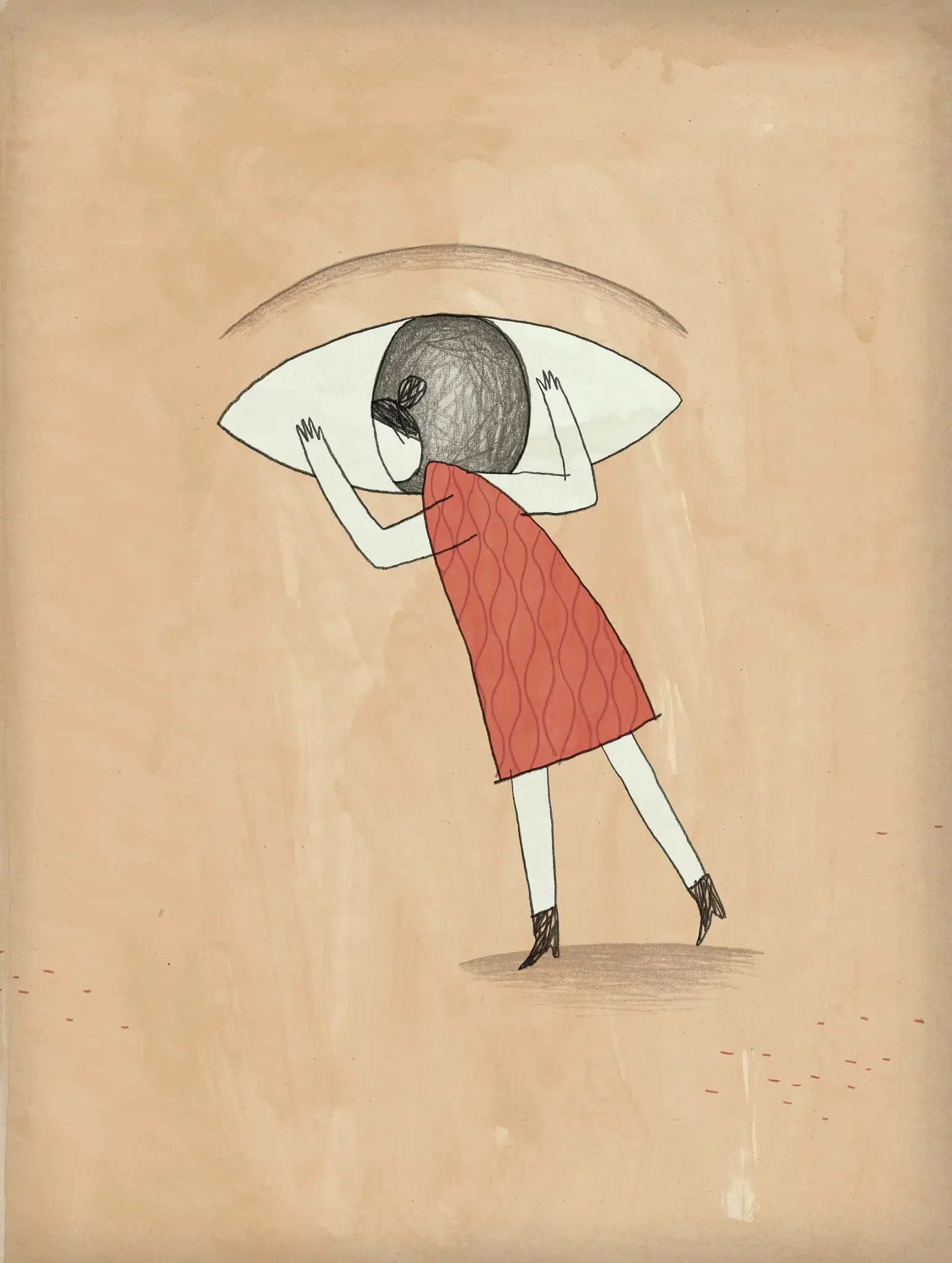 A hand-drawn illustration of a girl with short dark hair, wearing a red dress with a wavy pattern, high-heeled shoes, and holding her head with both hands. She is depicted standing on a beige surface with a large eye in the background.