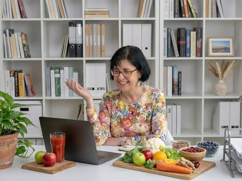 Mechelle Palermo sitting at a white desk, with a laptop and various fruits and vegetables in front of her, in a room with white shelves filled with books and decorative items.
