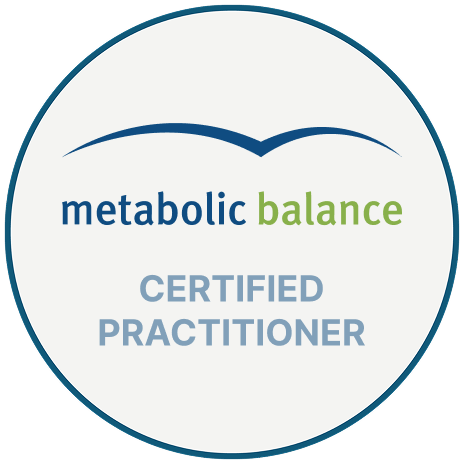 Metabolic Balance Certified Practitioner badge with blue and green text and a book icon at the top.
