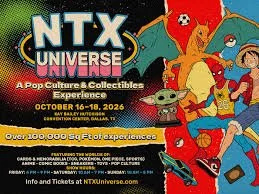 NTX Universe comic convention promotional poster featuring cartoon characters like Tom and Jerry, Scooby-Doo, and others, with event details for October 16-18, 2026, including location and ticket information.