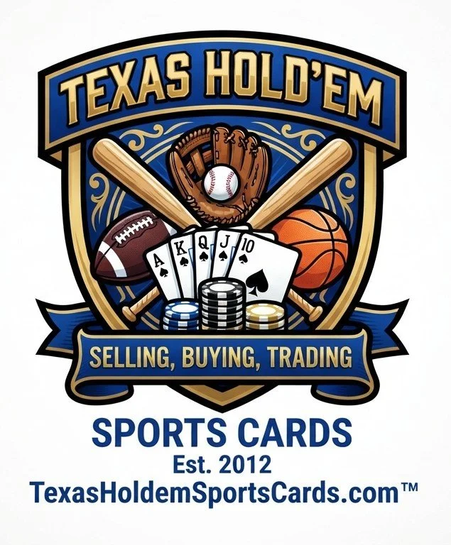 Logo for Texas Hold'em sports cards, established in 2012, featuring playing cards, poker chips, and various sports equipment, with text highlighting selling, buying, and trading.