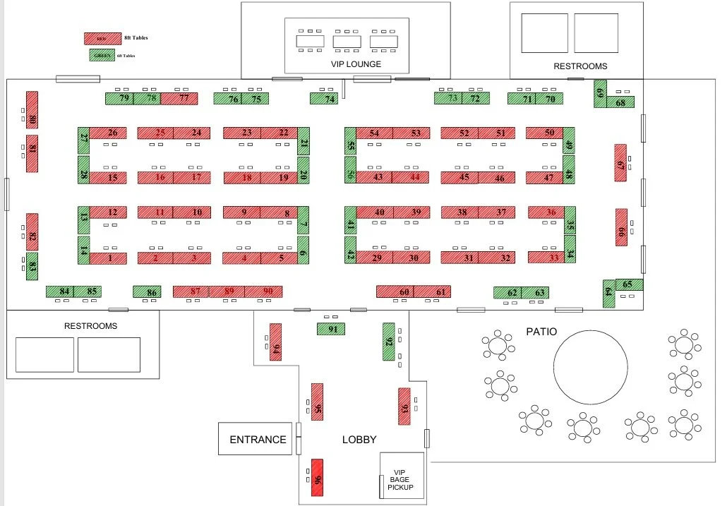 Floor plan for Georgetown Texas Card & Collectibles Show showing numbered tables, restroom areas, a VIP lounge, a lobby, an entrance, and a patio.