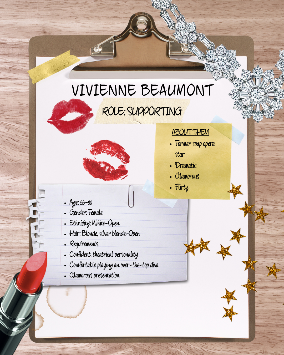 A clipboard holding a profile sheet for Vivienne Beaumont, including her role as supporting actress, age 55-80, female, white ethnicity, blonde hair, with lipstick marks and decorative items like stars, tape, and a lipstick.