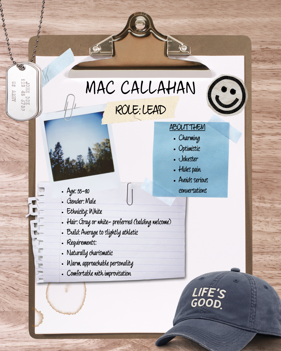 Board with information about Mac Callahan, including a photo, a note with traits, and a baseball cap with the words "Life's Good" on it.