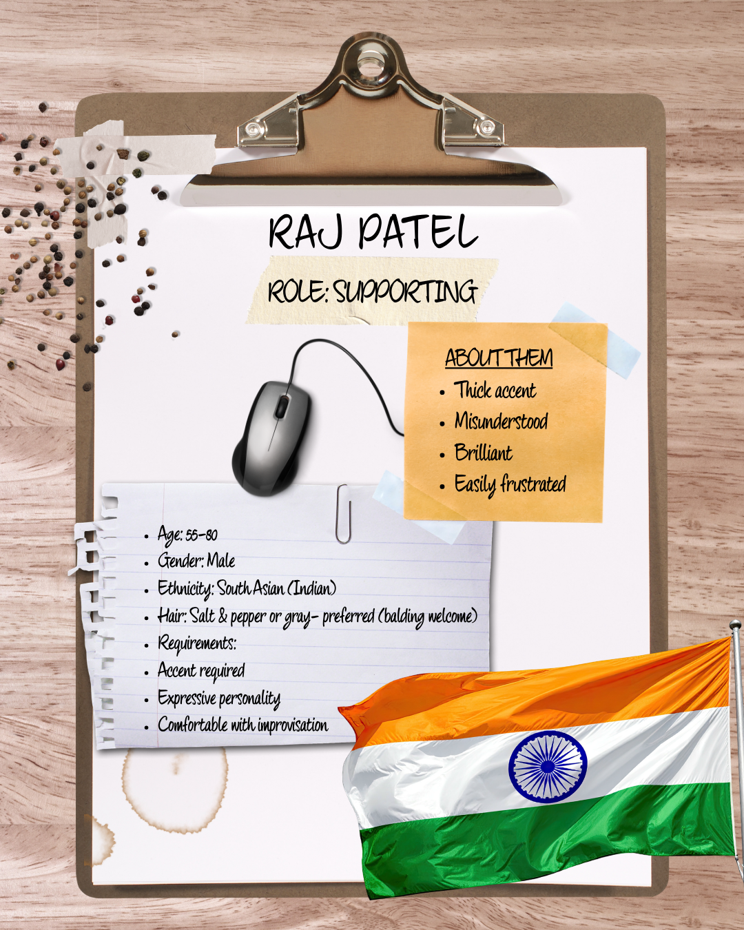 A clipboard with a person's profile profile for Raj Patel, including details such as supporting role, age 55-80, male, South Asian Indian, with hair recommended salt and pepper or gray. The clipboard has a list of traits about him, a dice, a computer