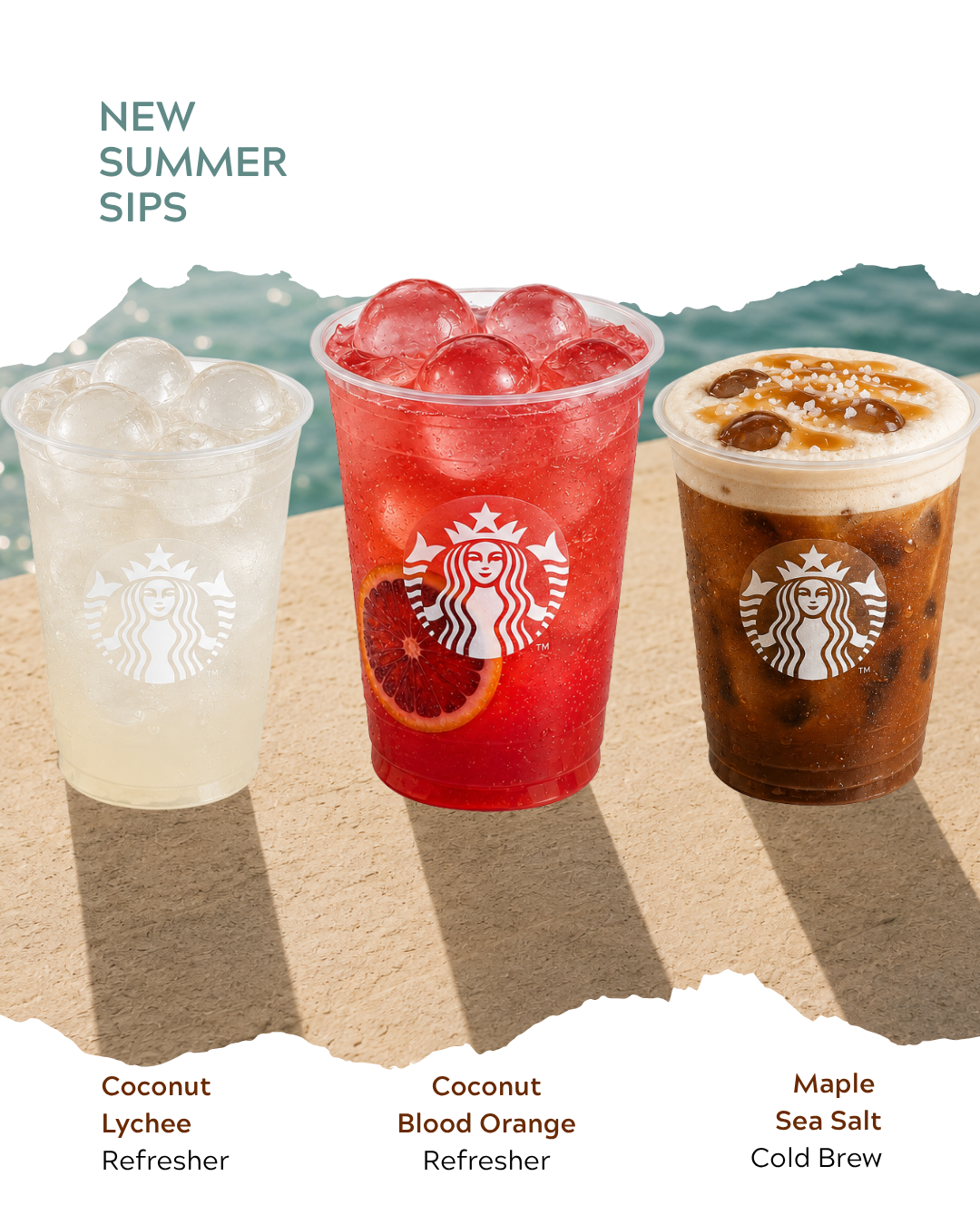 Three Starbucks beverages labeled as Coconut Lychee Refresher, Coconut Blood Orange Refresher, and Maple Sea Salt Cold Brew, with a background of water.