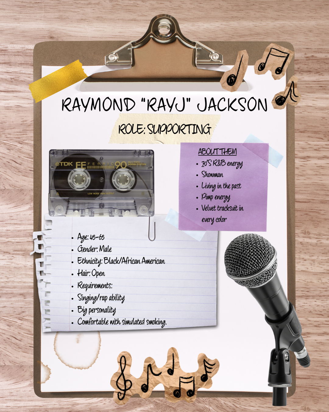 A clipboard with a musician profile for Raymond 'RayJ' Jackson, including a cassette tape, handwritten notes, and decorative musical notes. The profile lists details about his role, age, gender, ethnicity, hair, requirements, and personal traits.