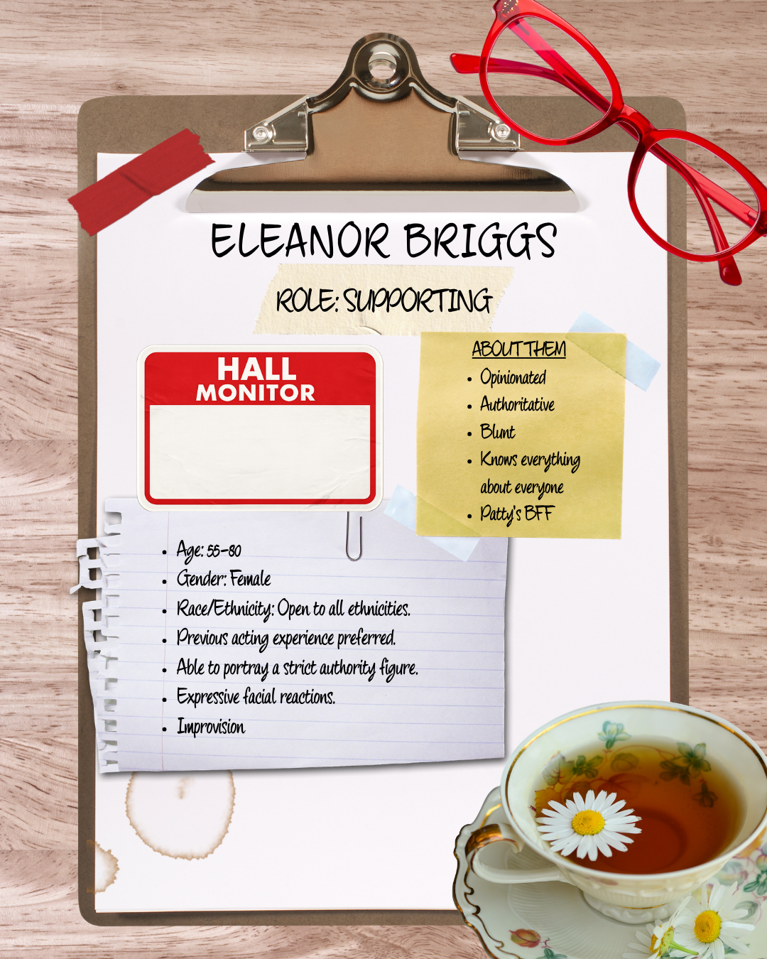 A clipboard holding a character profile for Eleanor Briggs, supporting role, with notes and a hall monitor sign. A cup of tea with floral decorations is in the lower right corner, and red glasses are resting on the top right of the clipboard. There i
