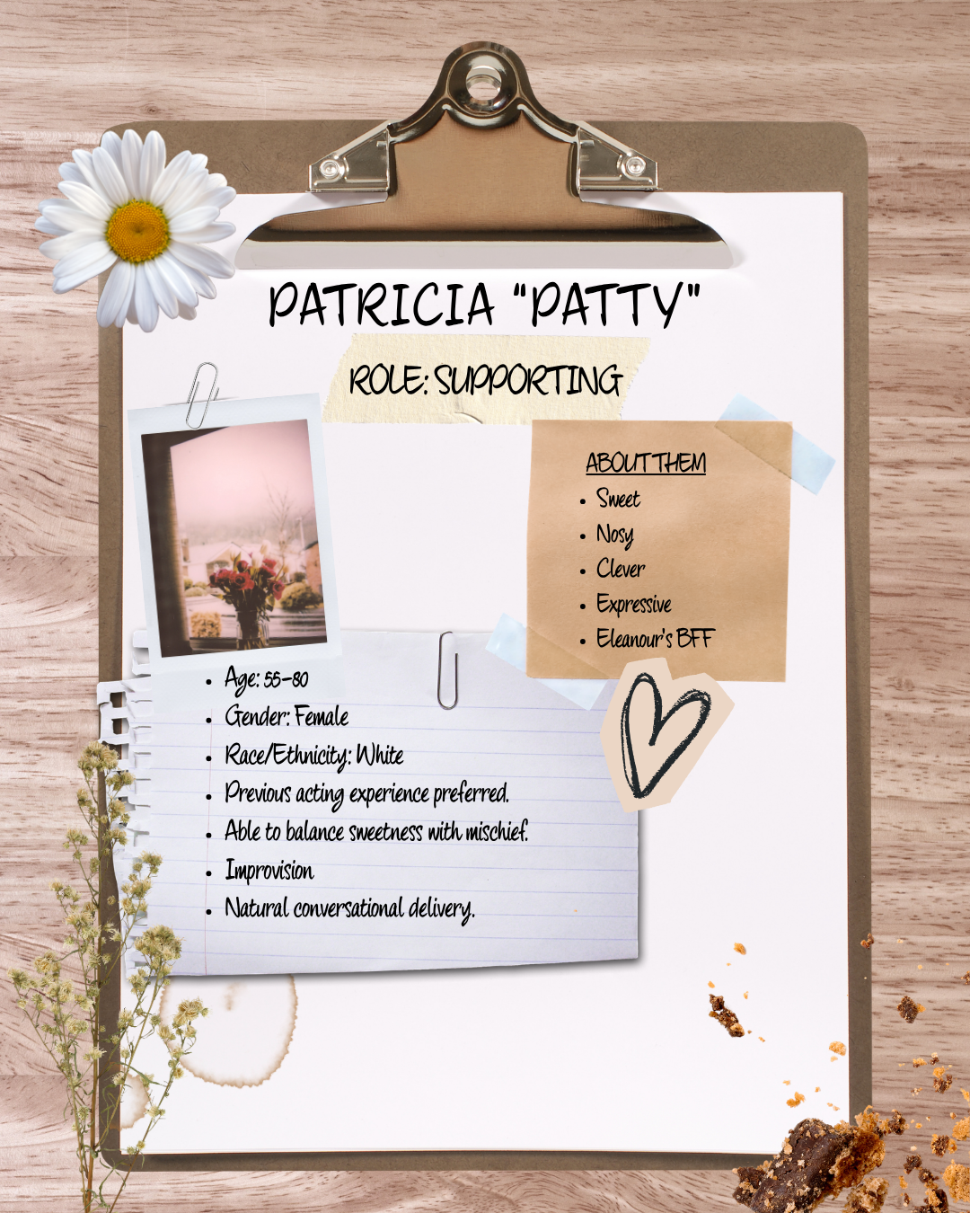 Supporting actor profile board with photo, notes, and a flower, on a wooden surface, with a heart-shaped doodle.