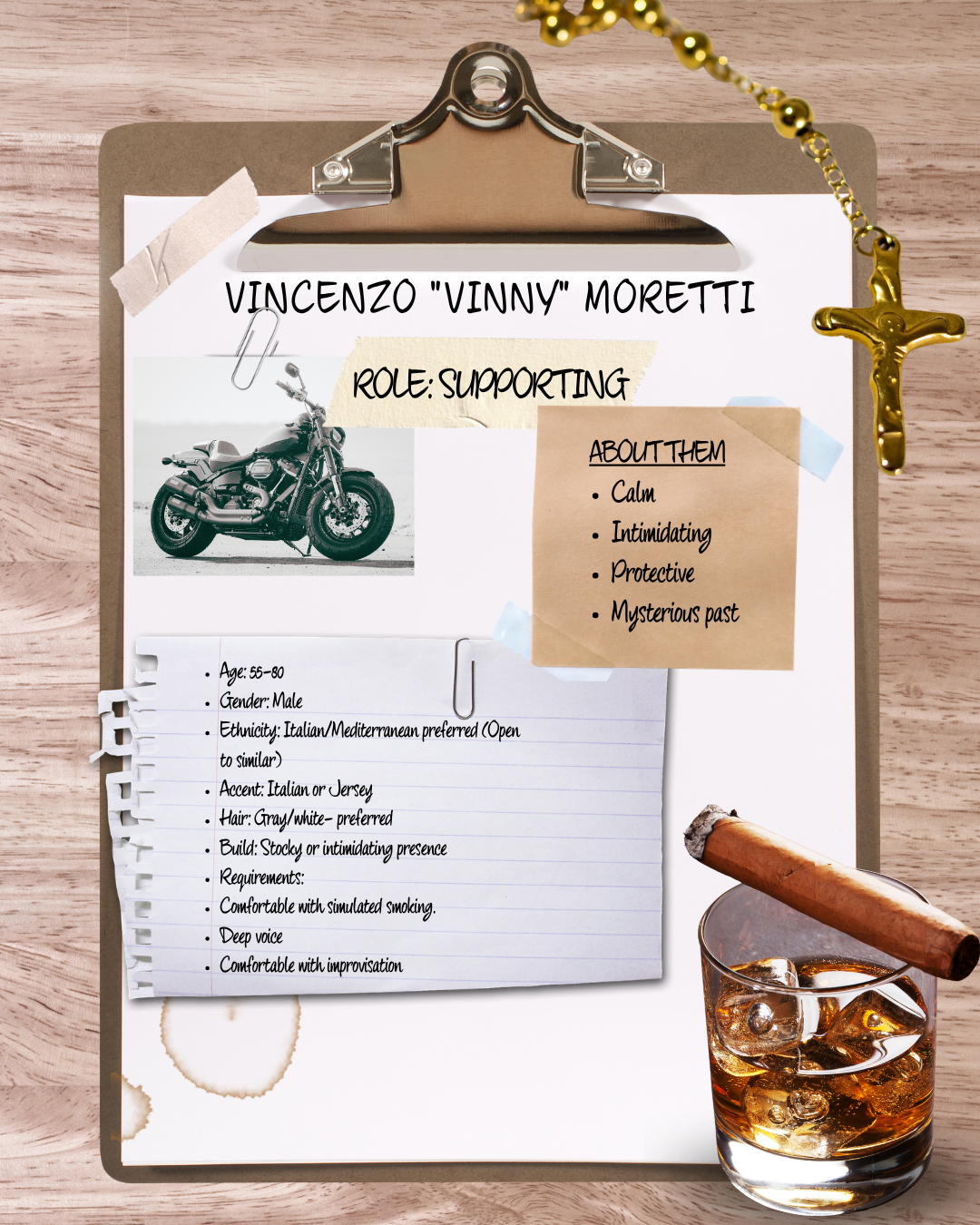 A clipboard on a wooden surface displaying a character profile for Vincenzo "Vinny" Moretti, supporting role. The profile includes a motorcycle photo, physical details, ethnicity, accent, build, and requirements. A note on the side describes "about t