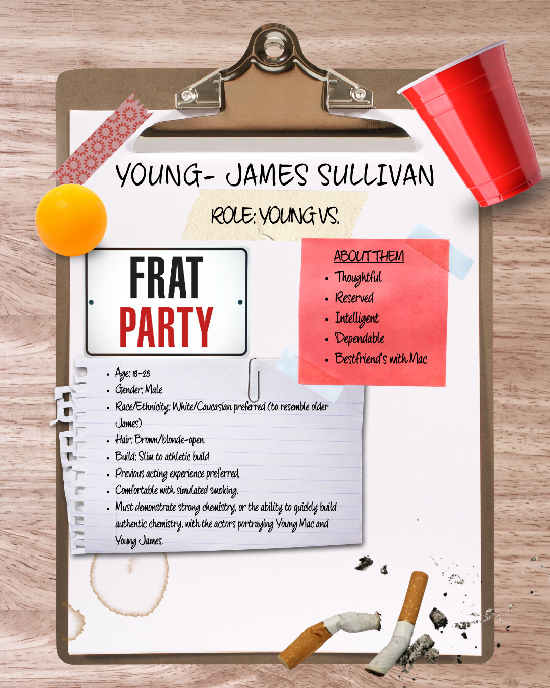 A clipboard with a script about young James Sullivan for a fraternal party, pinned with a yellow pushpin, surrounded by a red cup, a torn notebook page, and cigarette butts on a wooden surface.