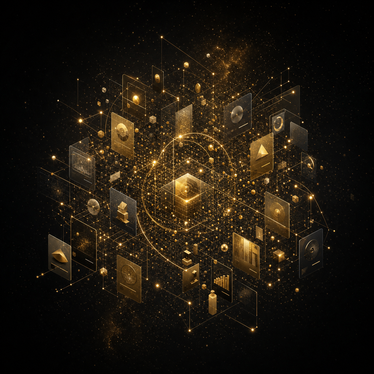 Gold network of connected creator tools and digital marketplace products.