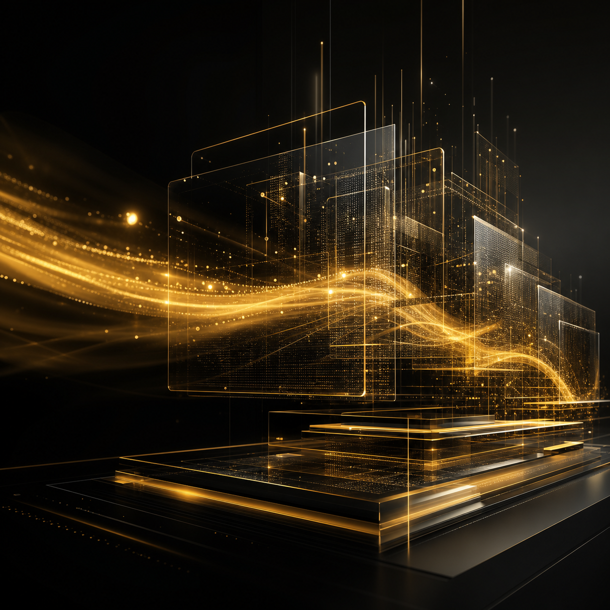 Abstract gold digital platform architecture representing the BIG OS marketplace.