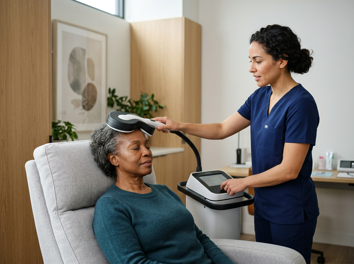 Nurse using a handheld ultrasound device on an elderly woman in a medical office.