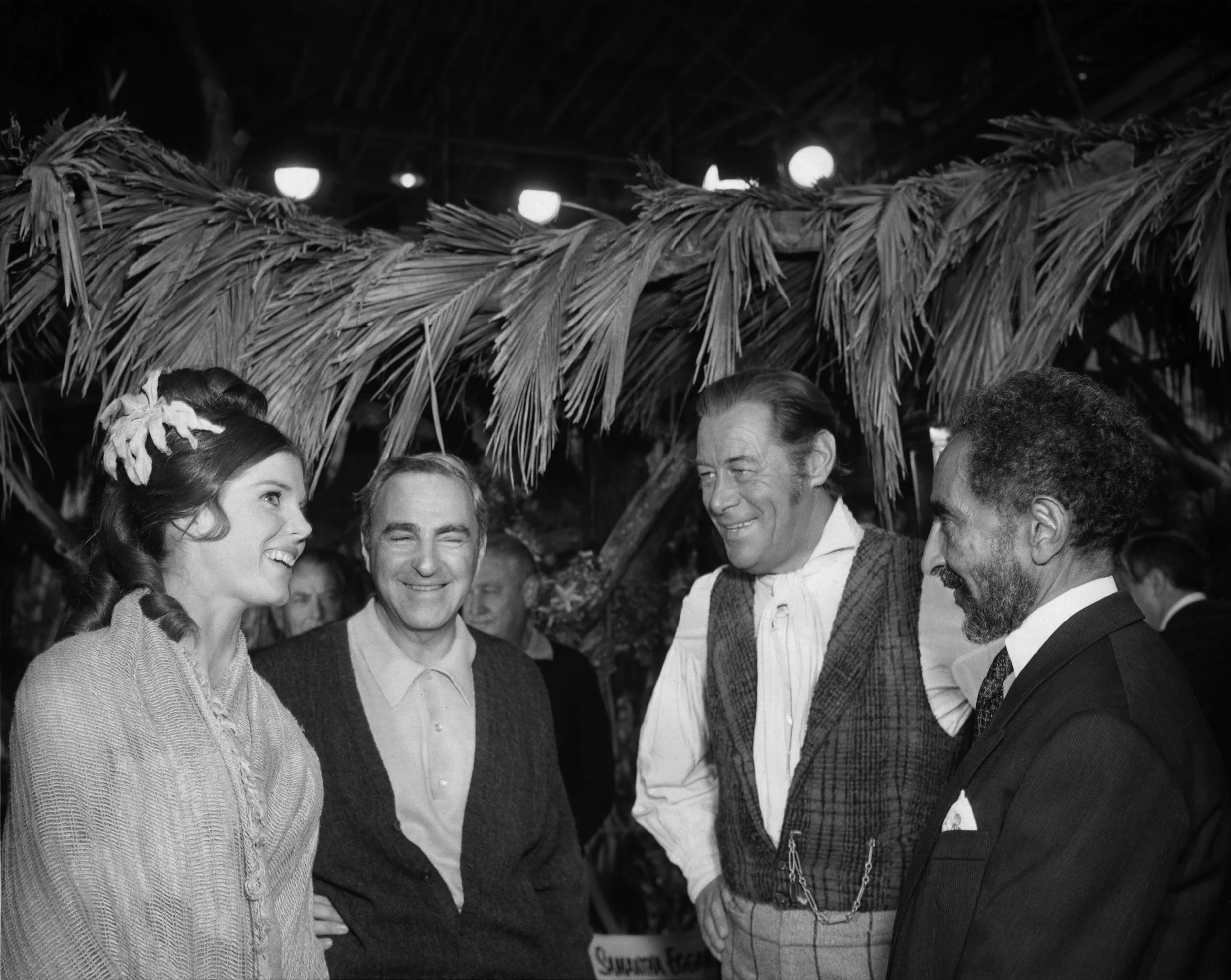 From left, Samantha Eggar, Richard Fleischer, Rex Harrison meeting Haile Selassie in Barbados on Dr. Dolittle