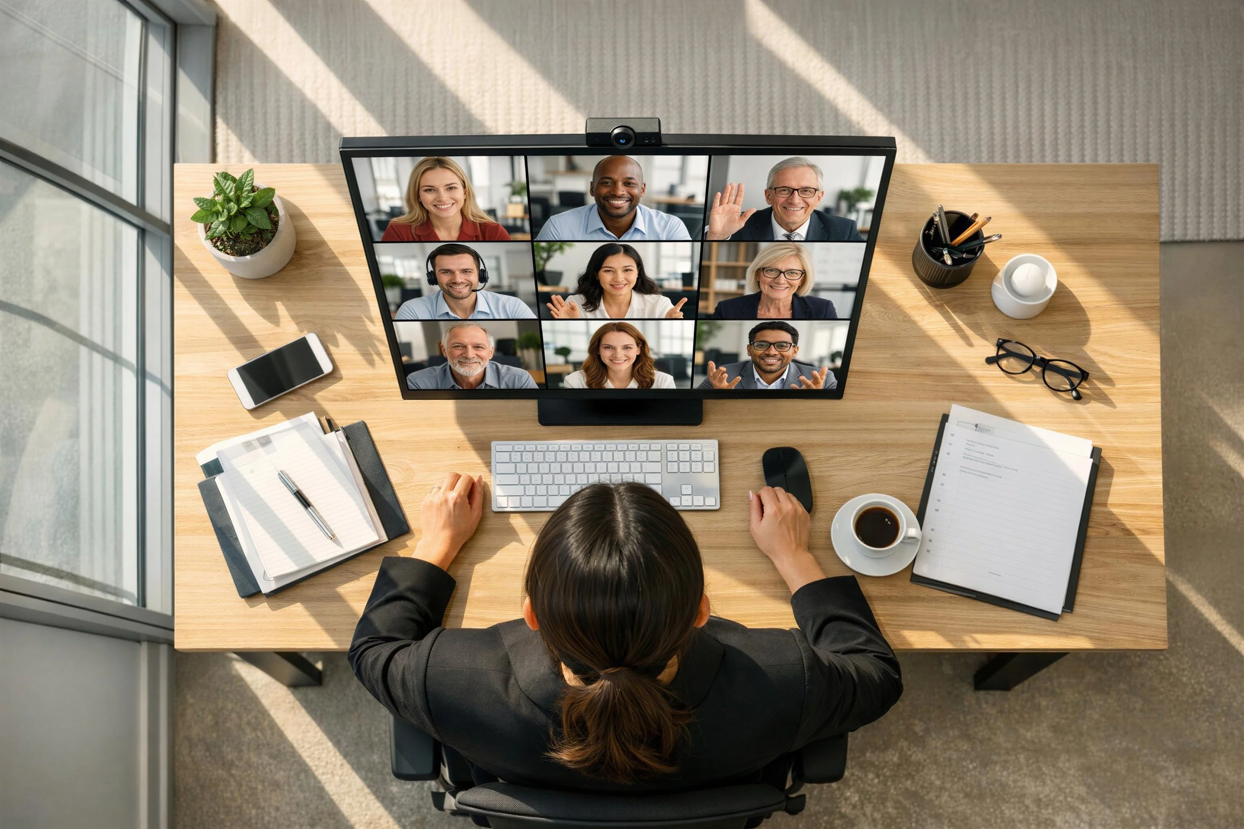 Overhead view of a woman sitting at a desk during a video conference with nine diverse participants, surrounded by office supplies, a smartphone, a coffee cup, glasses, and a small potted plant.