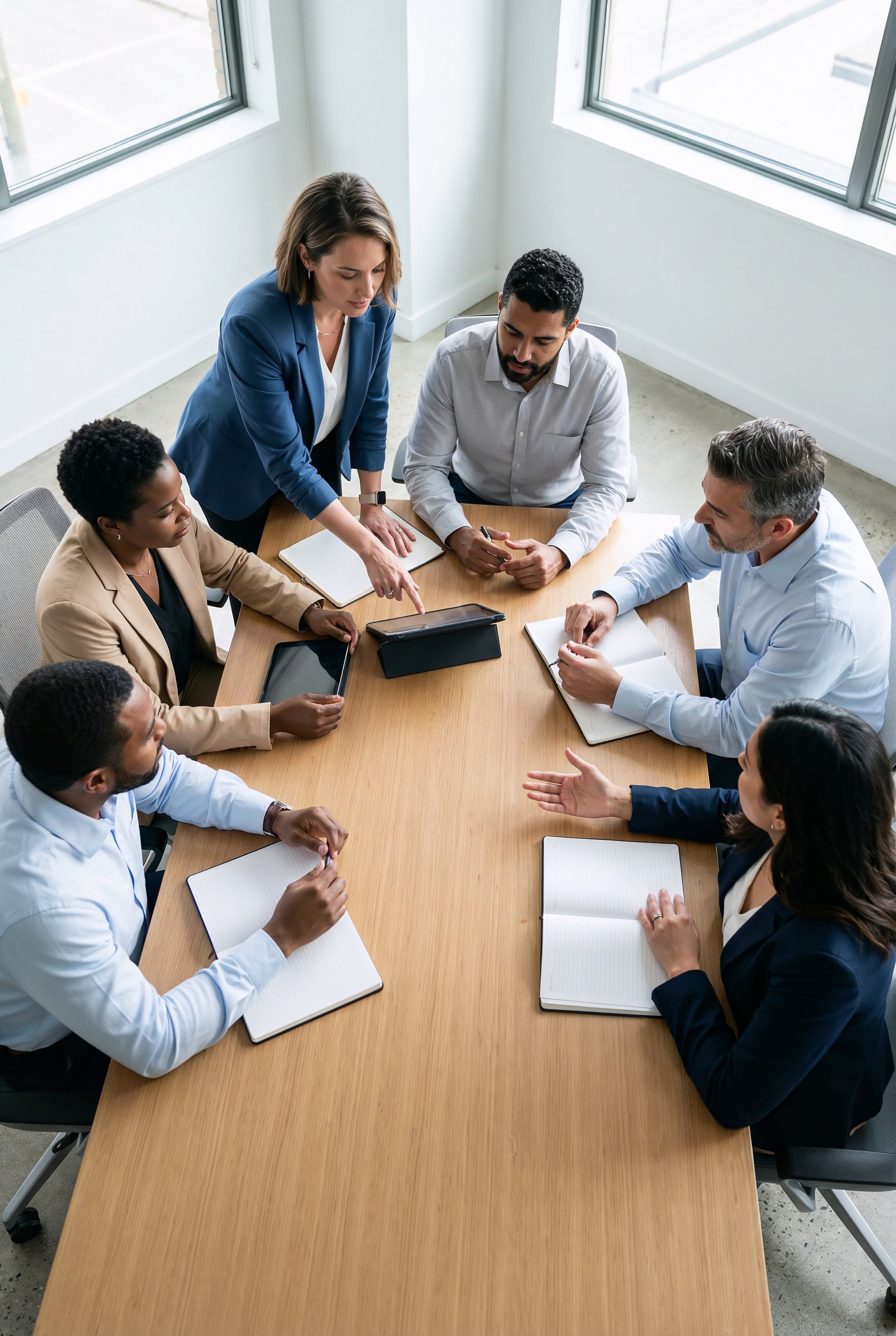 A diverse group of professionals gathered around a wooden conference table in a bright office, collaborating on a discussion with digital tablets, notebooks, and pens.