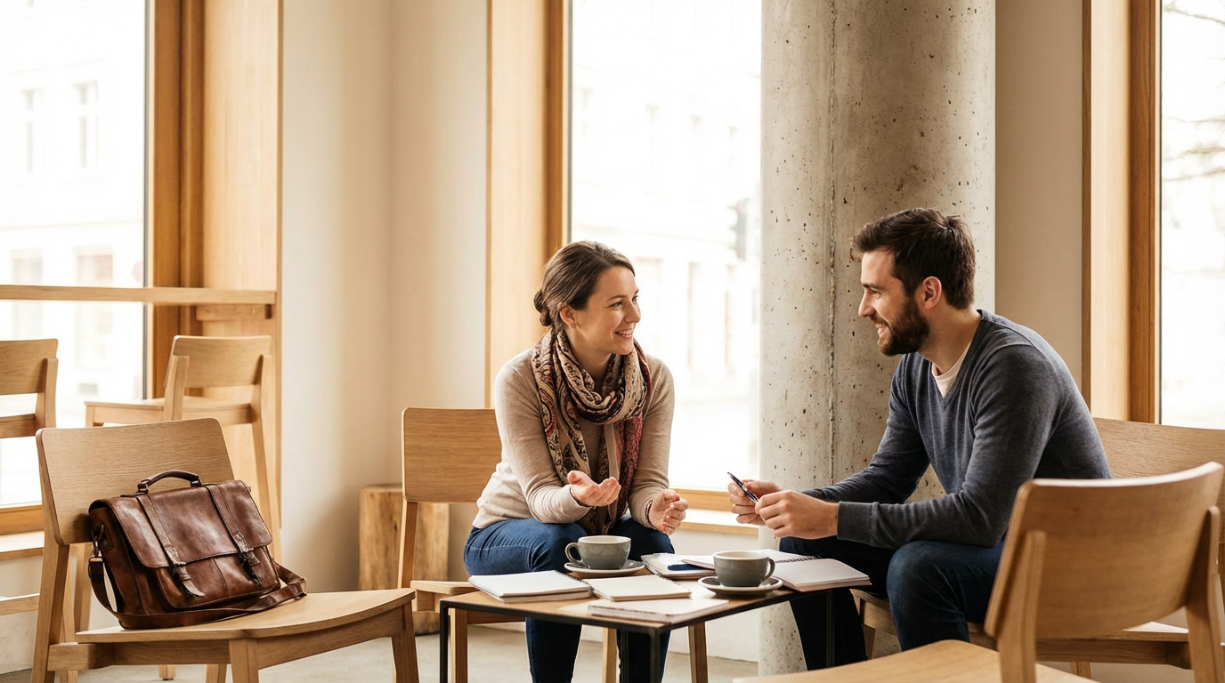 A man and woman sitting at a table having a conversation in a cafe, with coffee cups, notebooks, and a leather briefcase on the table.