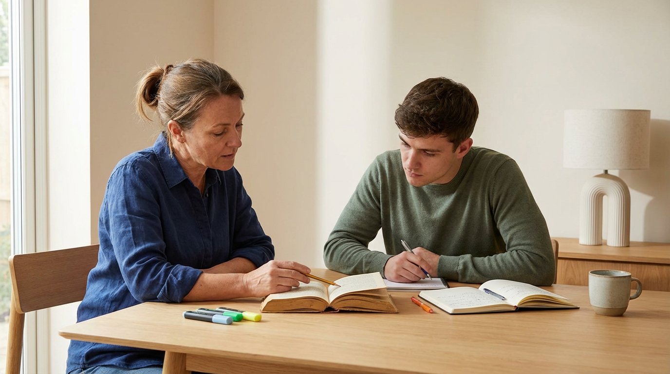 A woman and a young man sitting at a wooden table, studying with open books, notebooks, pens, highlighters, and a coffee mug.