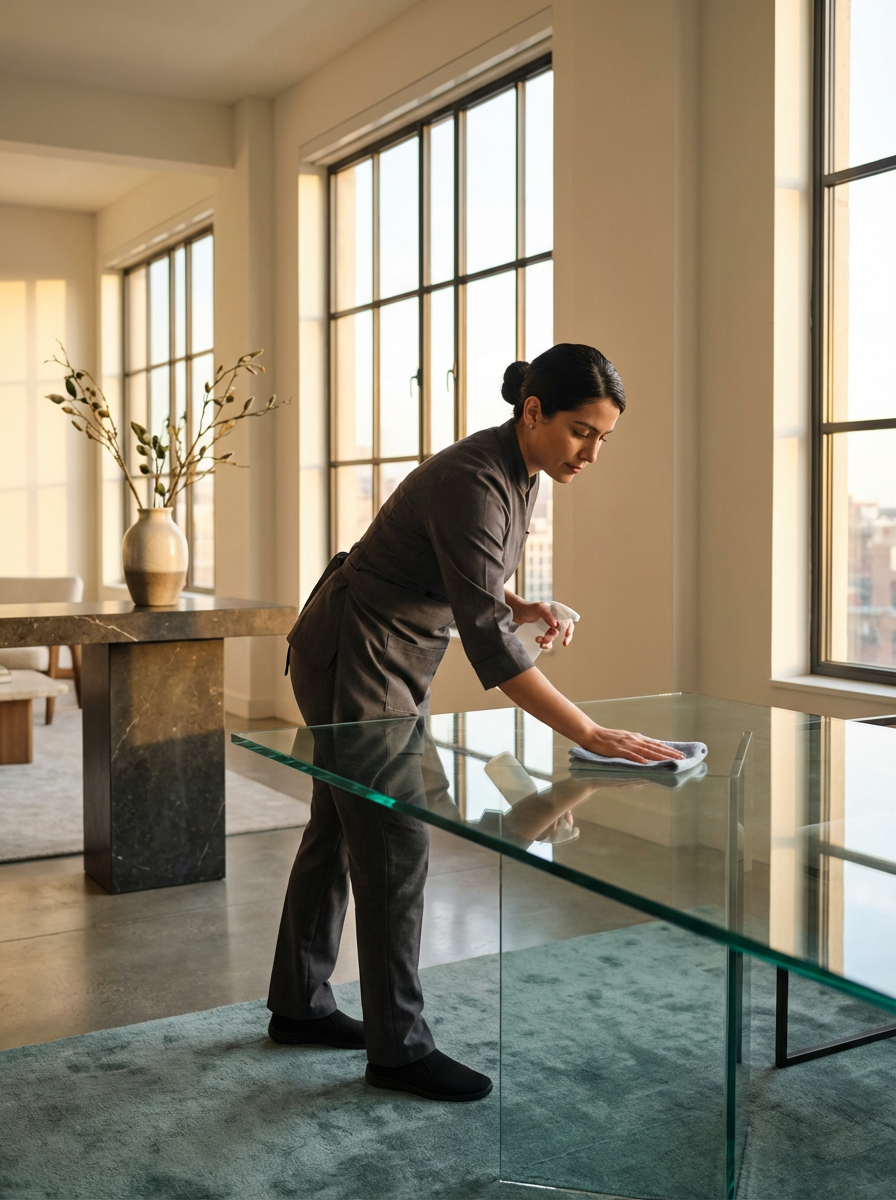 A woman cleaning a glass table in a modern room with large windows and minimal decor.