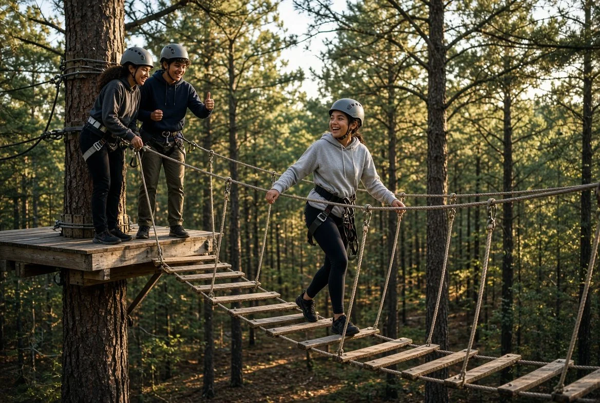 A group of people wearing helmets on a treetop adventure course, with one person crossing a rope bridge while others watch and cheer.