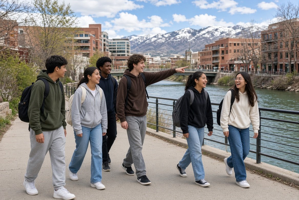 Group of six diverse young people walking along a riverside walkway with mountains and buildings in the background, smiling and talking.