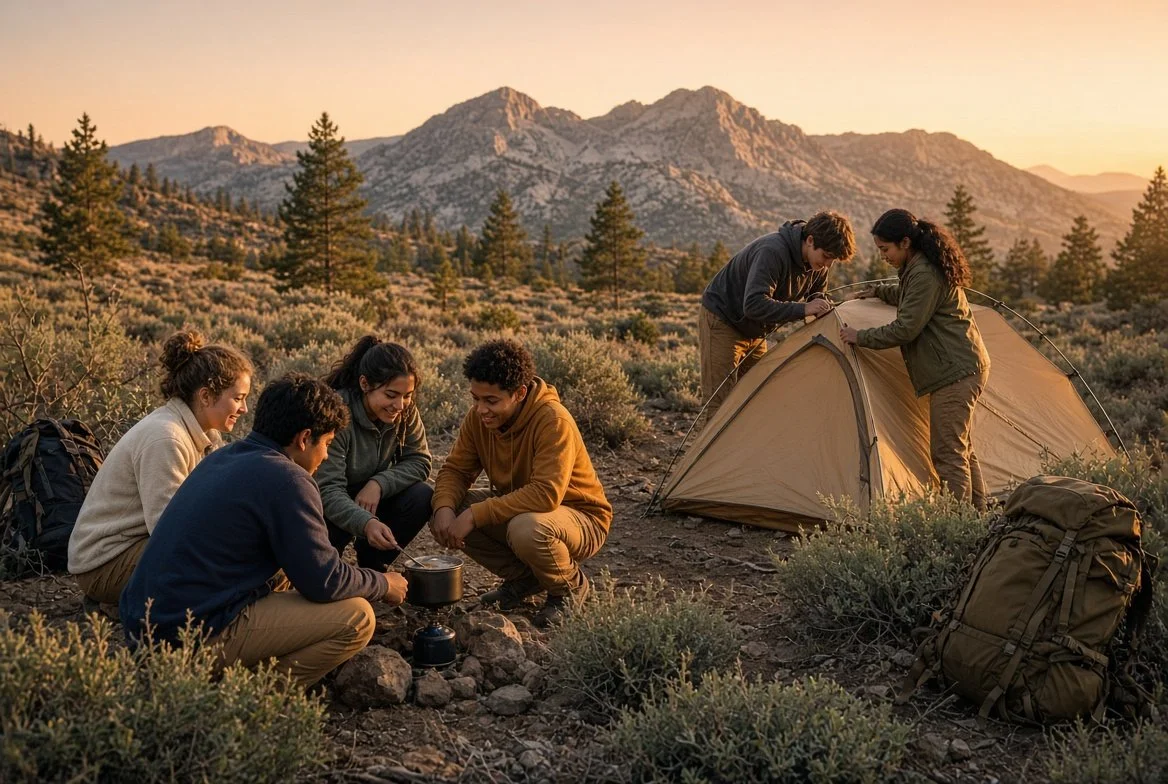 A group of six young people camping in a mountainous area during sunset. Four are sitting around a small campfire, while two are setting up a tent. They are outdoors surrounded by trees and shrubs, with backpacks nearby.