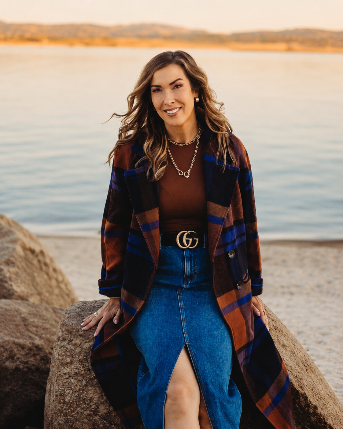 Woman in a plaid coat and denim skirt sitting on a rock by the water at sunset.