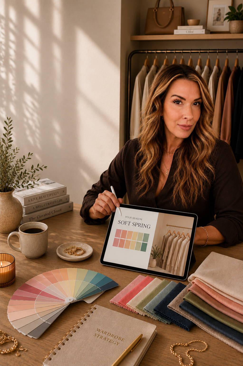 A woman sitting at a wooden table with fabric swatches, a color fan, jewelry, a cup of coffee, and a tablet displaying a fashion presentation about spring wardrobe colors and clothing racks.