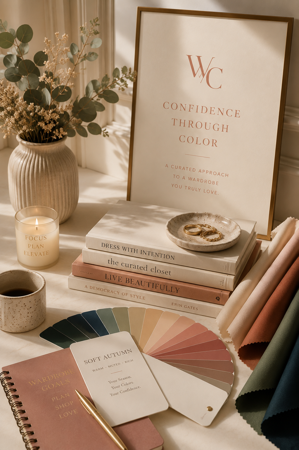 A table displays a potted eucalyptus plant, a lit candle with motivational words, a cup of coffee, and a stack of books about wardrobe styling and confidence. Color swatches and fabric samples are laid out, along with a framed quote about confidence through color and a tray with jewelry.