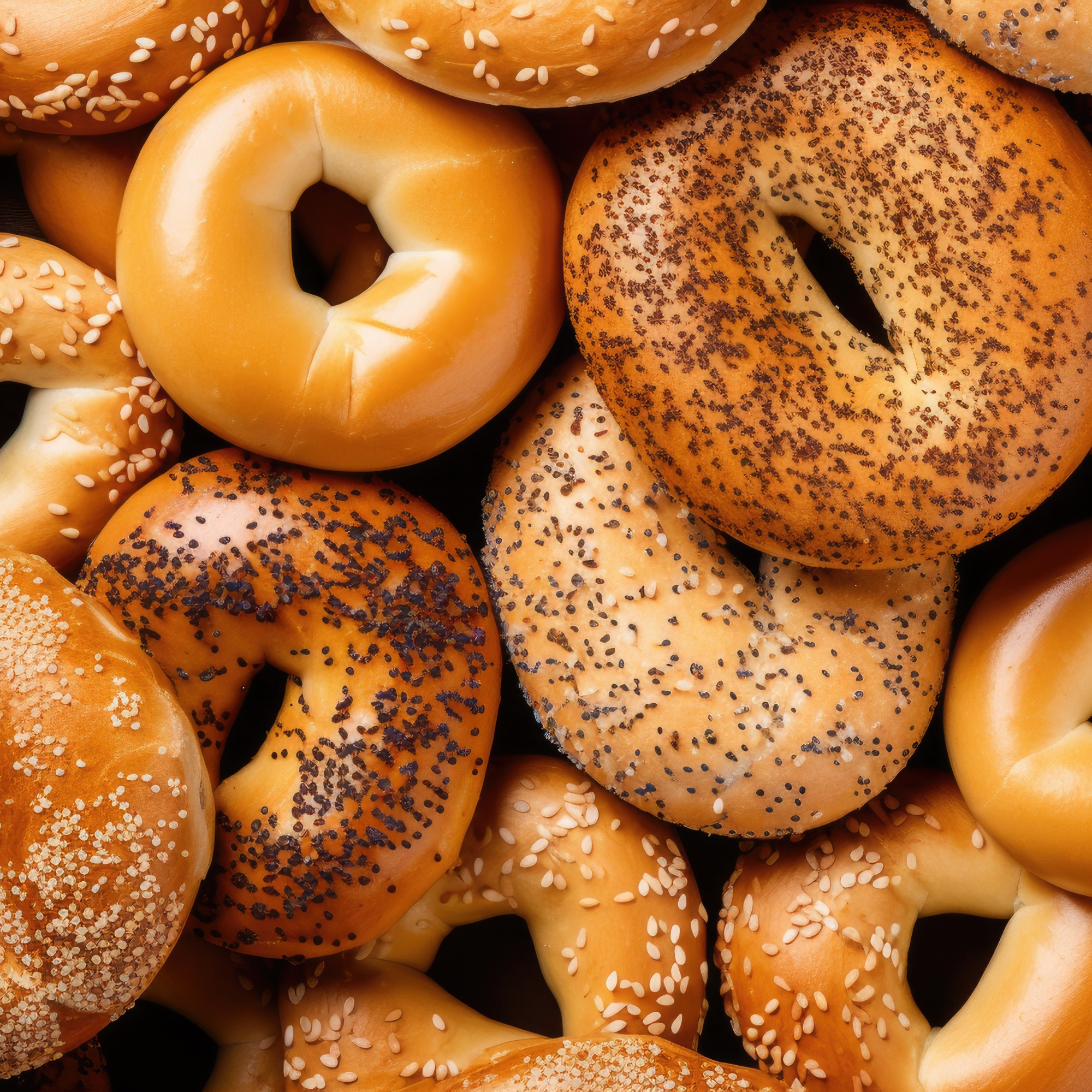 Close-up of assorted bagels with different toppings including sesame seeds, poppy seeds, and salt.